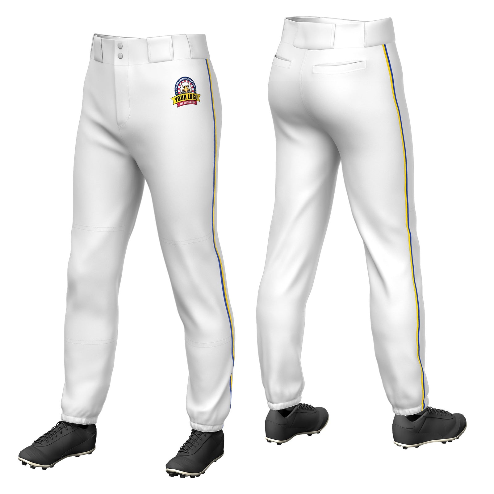 Custom White Royal Blue-Gold01 Classic Fit Stretch Practice Pull-up Baseball Pants