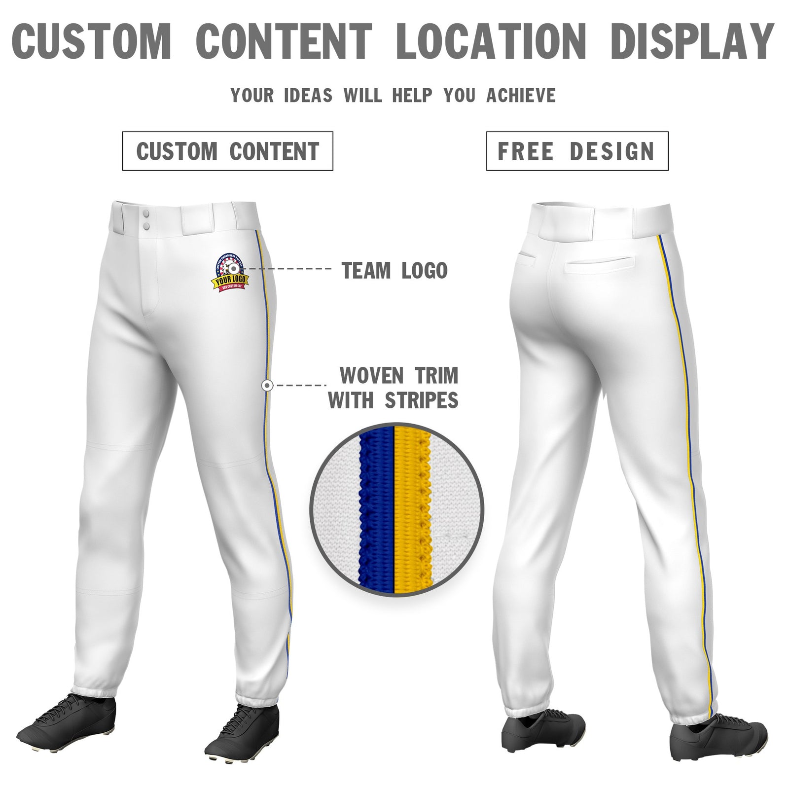 Custom White Royal Blue-Gold01 Classic Fit Stretch Practice Pull-up Baseball Pants