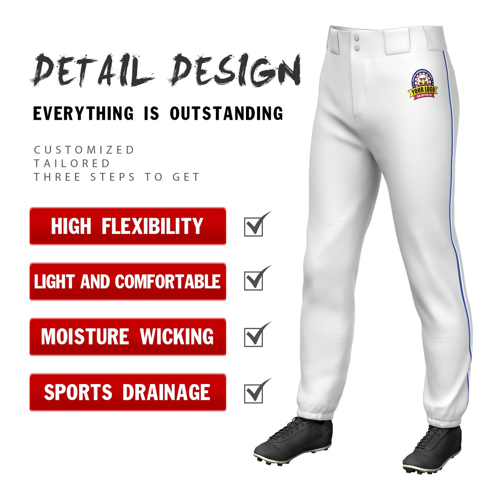 Custom White Royal Blue-White Classic Fit Stretch Practice Pull-up Baseball Pants
