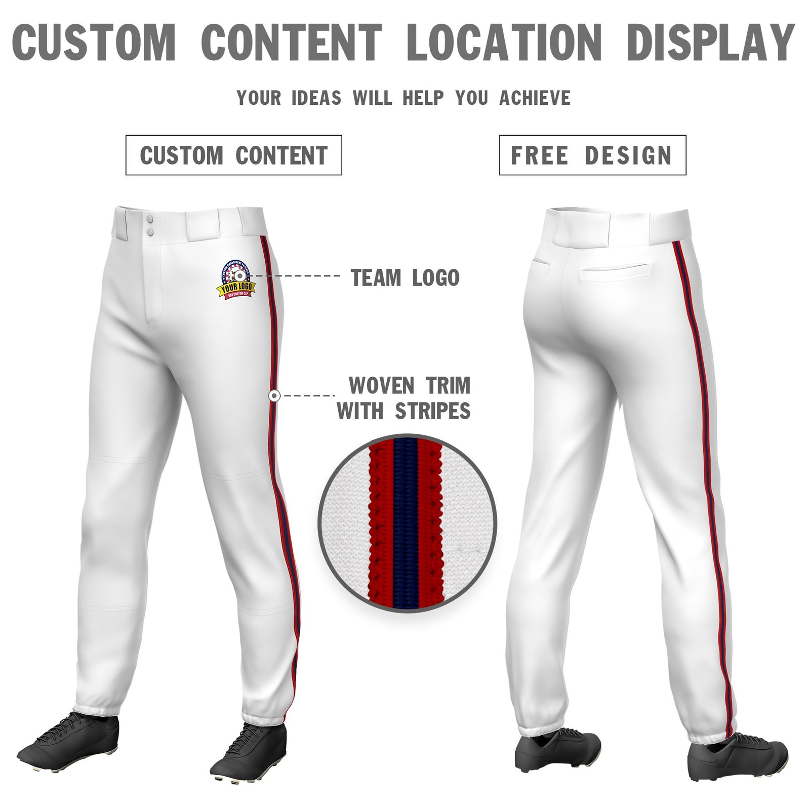 Custom White Red-Navy-Red Classic Fit Stretch Practice Pull-up Baseball Pants