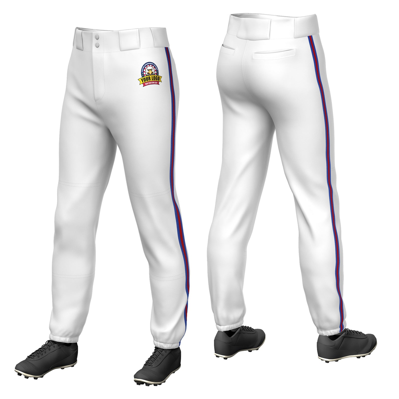 Custom White Royal Blue-Red-Royal Blue Classic Fit Stretch Practice Pull-up Baseball Pants