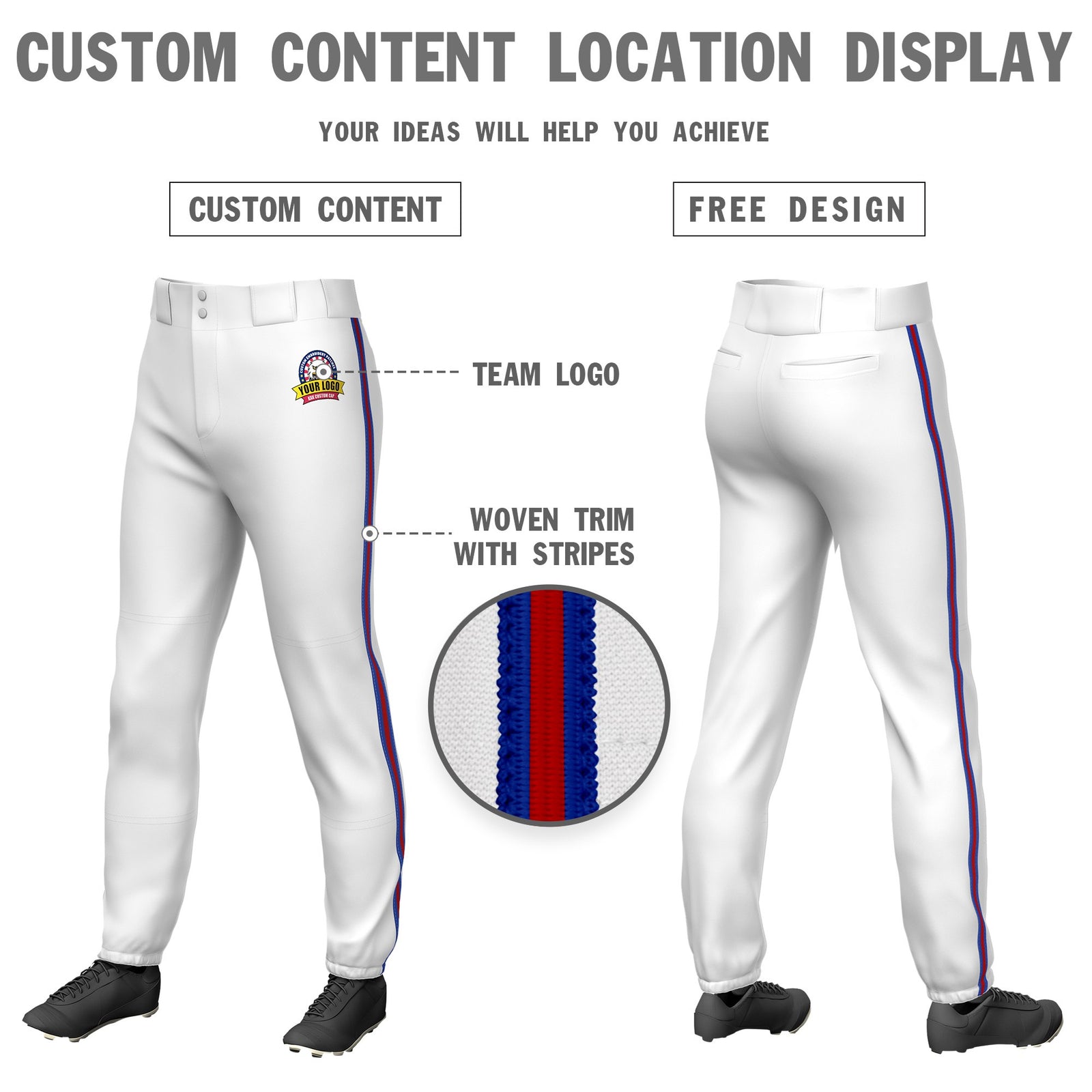 Custom White Royal Blue-Red-Royal Blue Classic Fit Stretch Practice Pull-up Baseball Pants