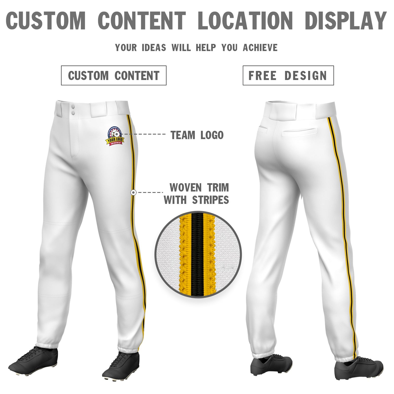 Custom White Gold01-Black-Gold01 Classic Fit Stretch Practice Pull-up Baseball Pants