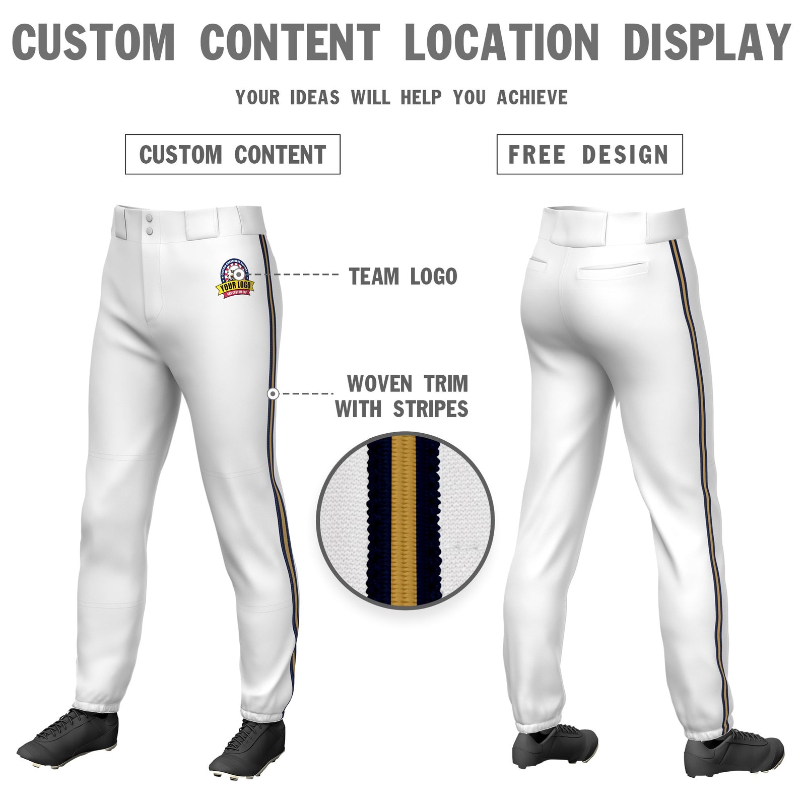 Custom White Navy-Old Gold-Navy Classic Fit Stretch Practice Pull-up Baseball Pants