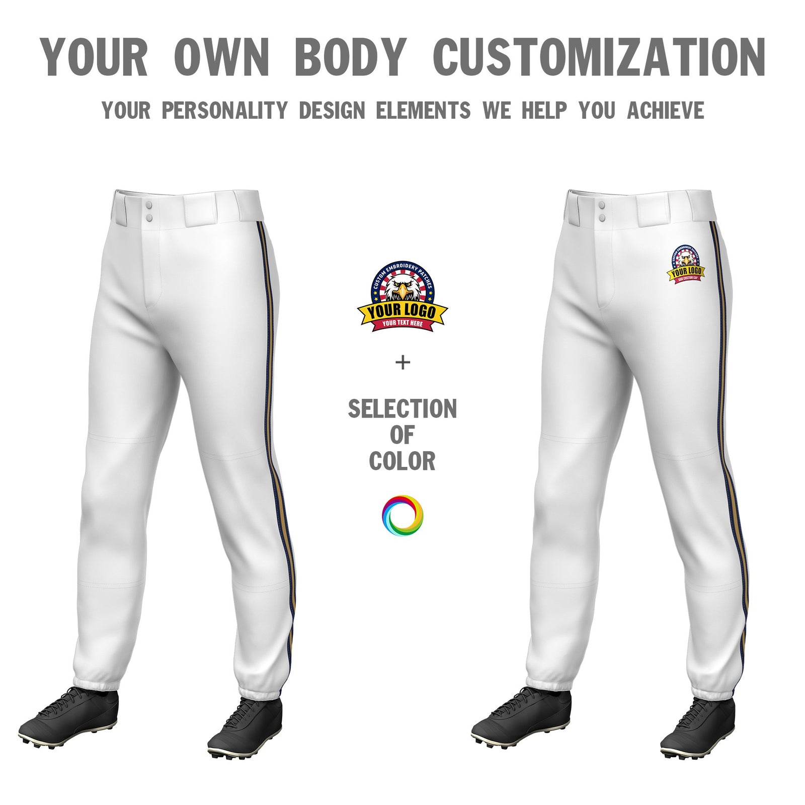 Custom White Navy-Old Gold-Navy Classic Fit Stretch Practice Pull-up Baseball Pants