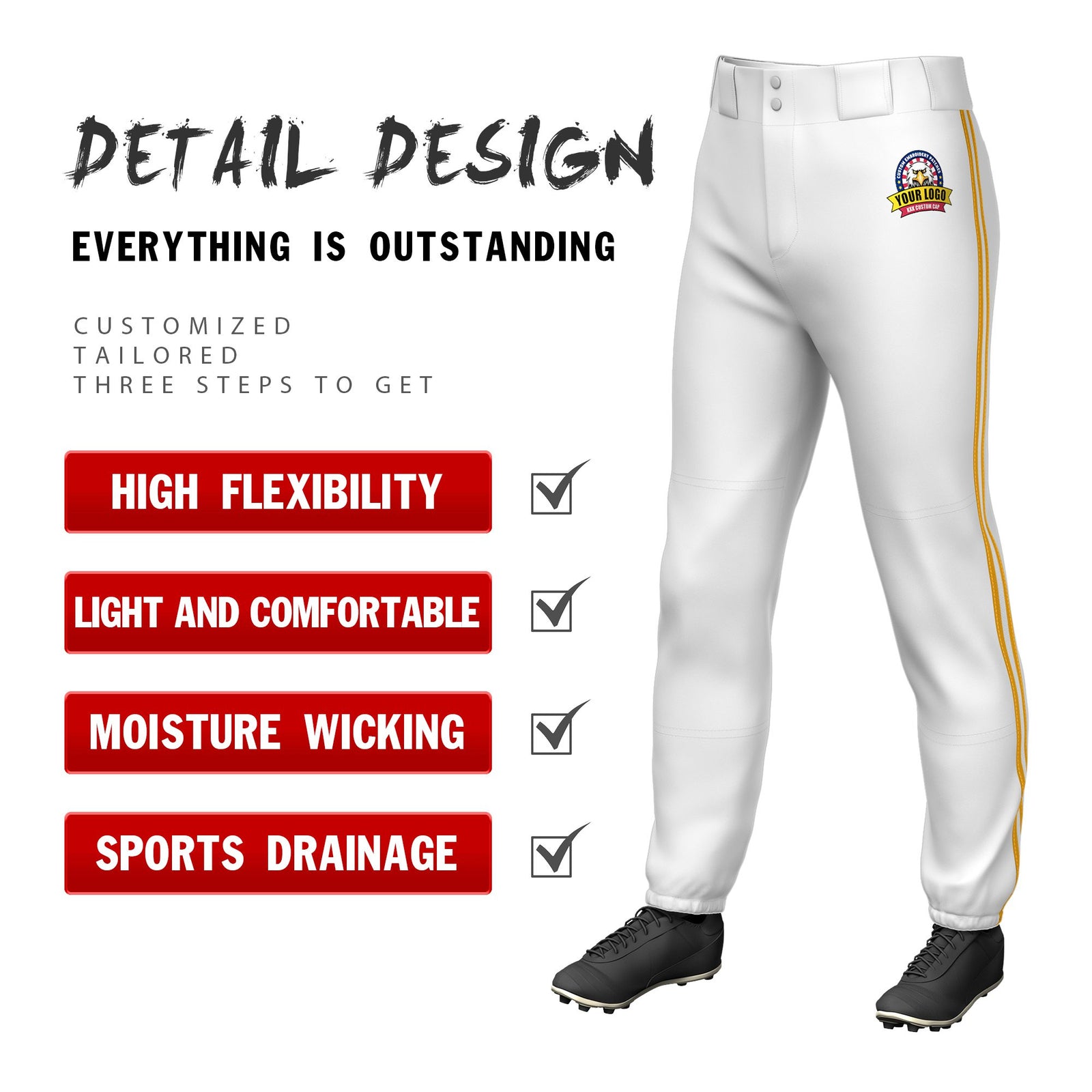 Custom White Yellow-White-Yellow Classic Fit Stretch Practice Pull-up Baseball Pants