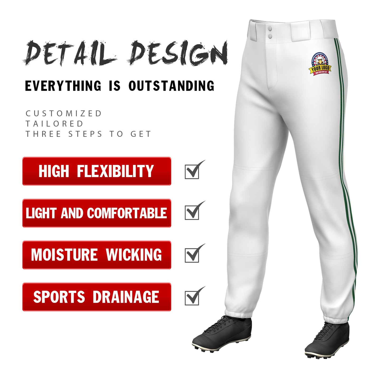 Custom White Green-White-Green Classic Fit Stretch Practice Pull-up Baseball Pants