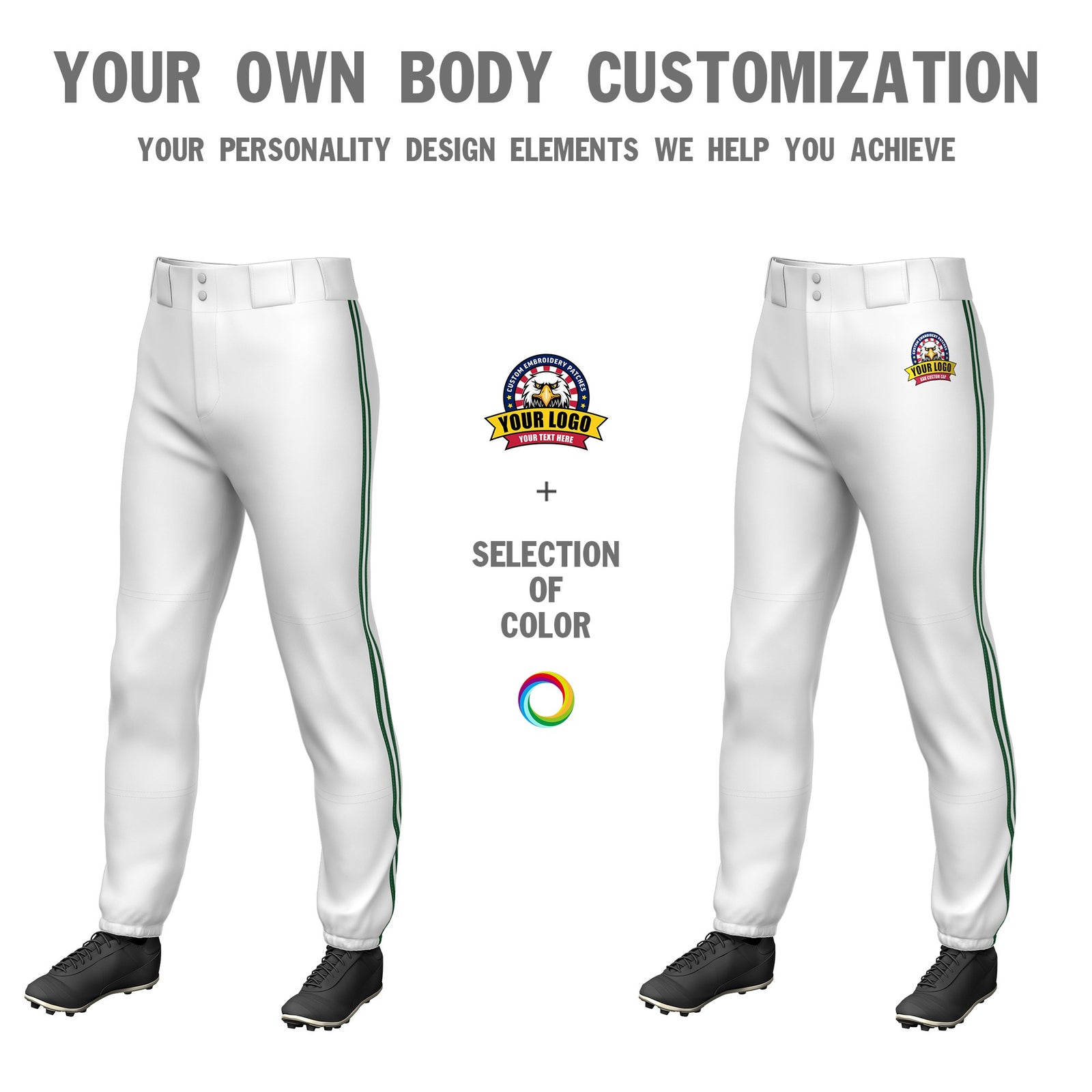 Custom White Green-White-Green Classic Fit Stretch Practice Pull-up Baseball Pants