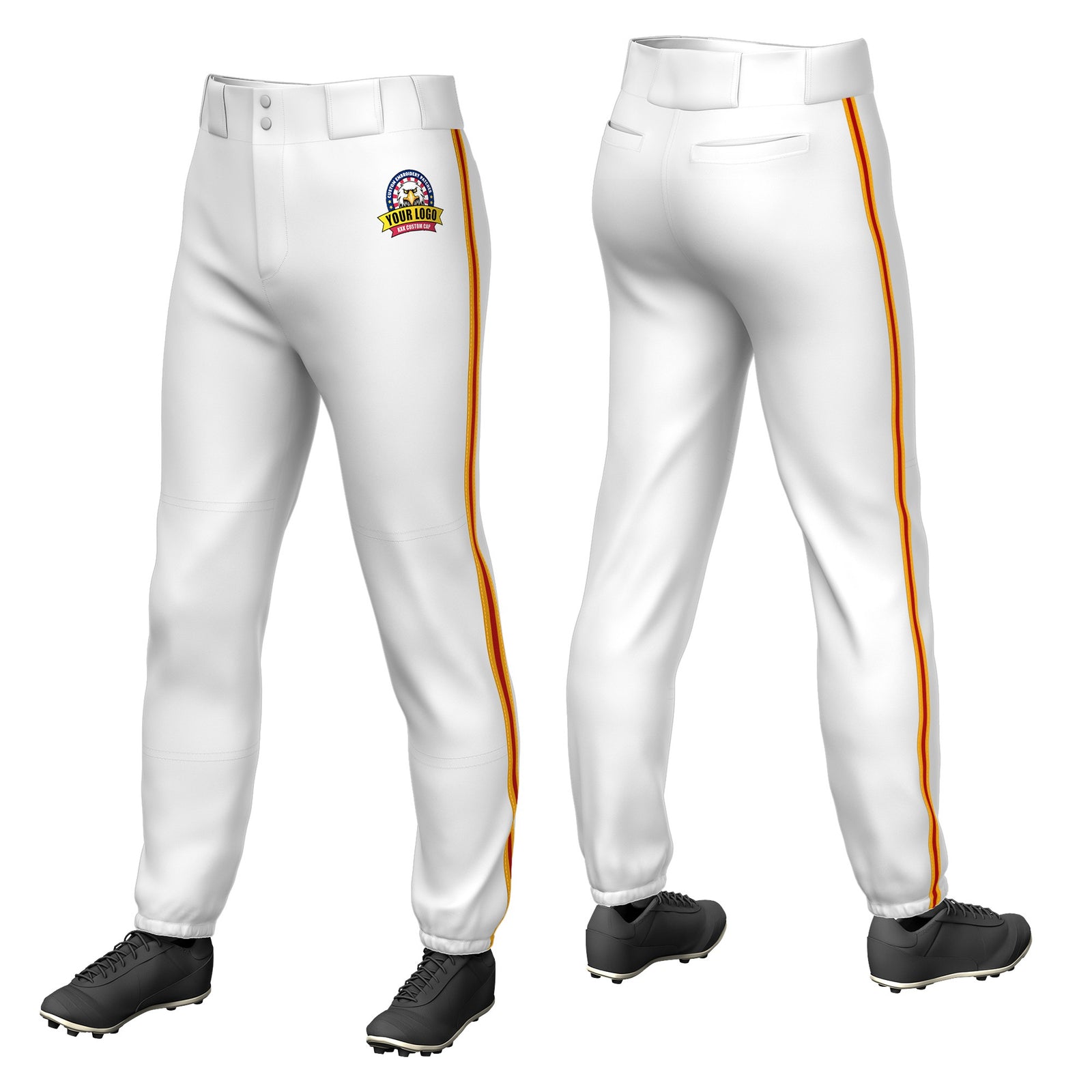 Custom White Yellow-Red-Yellow Classic Fit Stretch Practice Pull-up Baseball Pants