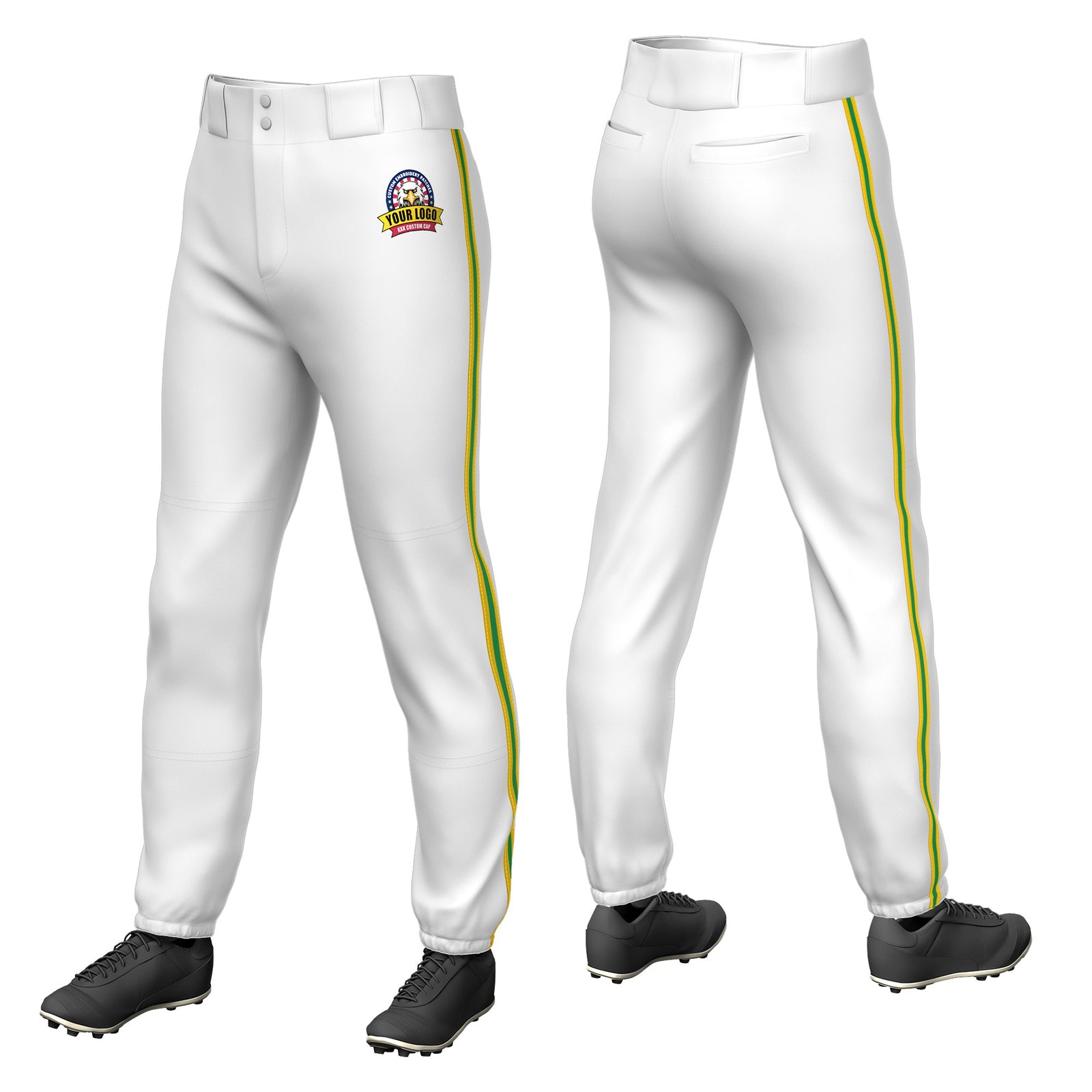 Custom White Gold01-Kelly Green-Gold01 Classic Fit Stretch Practice Pull-up Baseball Pants