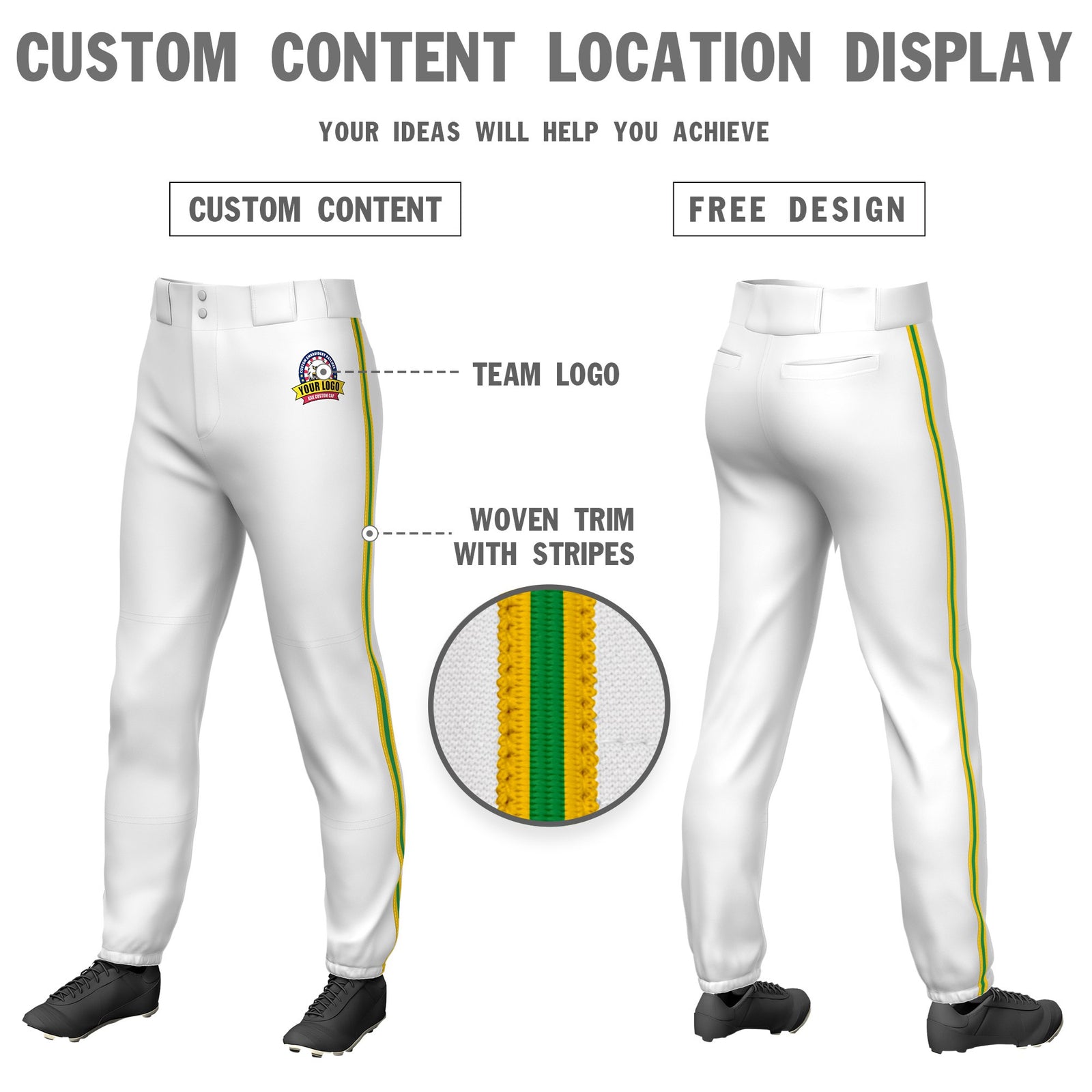 Custom White Gold01-Kelly Green-Gold01 Classic Fit Stretch Practice Pull-up Baseball Pants