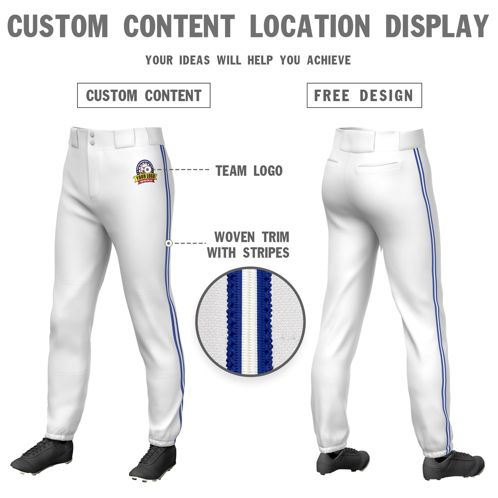 Custom White Royal Blue-White-Royal Blue Classic Fit Stretch Practice Pull-up Baseball Pants