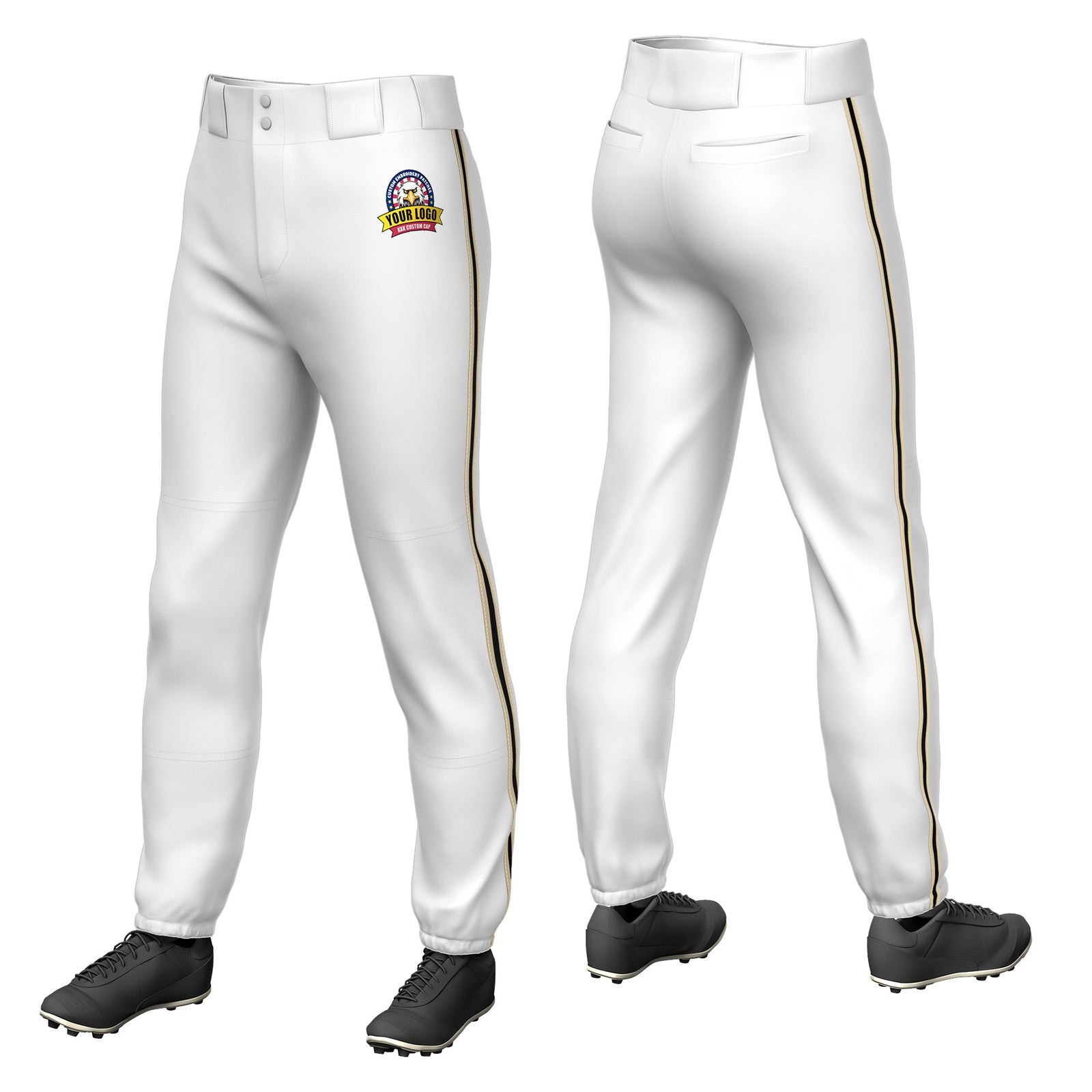 Custom White Khaki-Black-Khaki Classic Fit Stretch Practice Pull-up Baseball Pants
