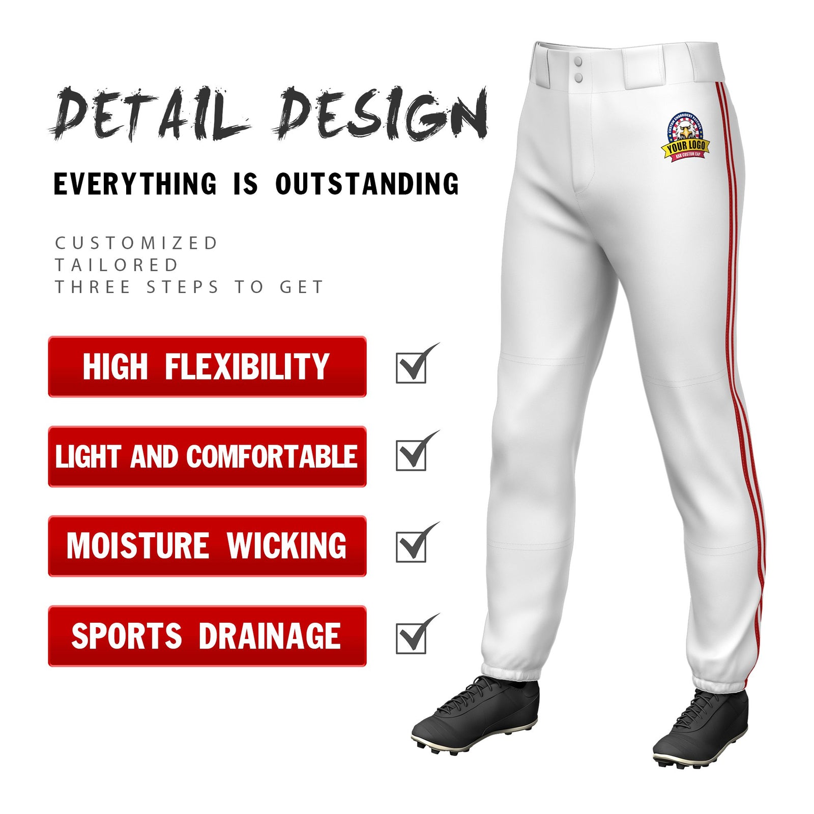Custom White Red-White-Red Classic Fit Stretch Practice Pull-up Baseball Pants