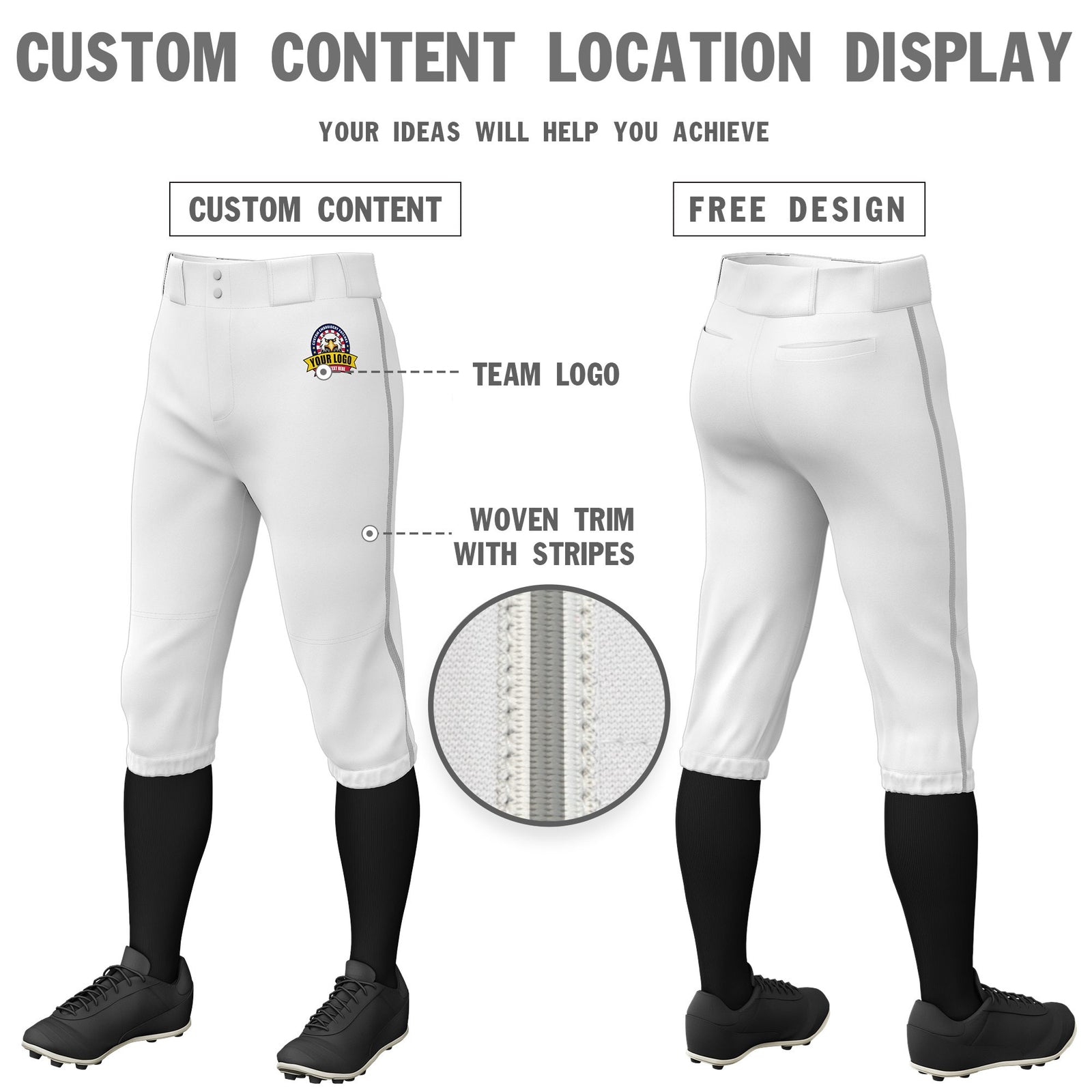 Custom White Gray White-Gray Classic Fit Stretch Practice Knickers Baseball Pants