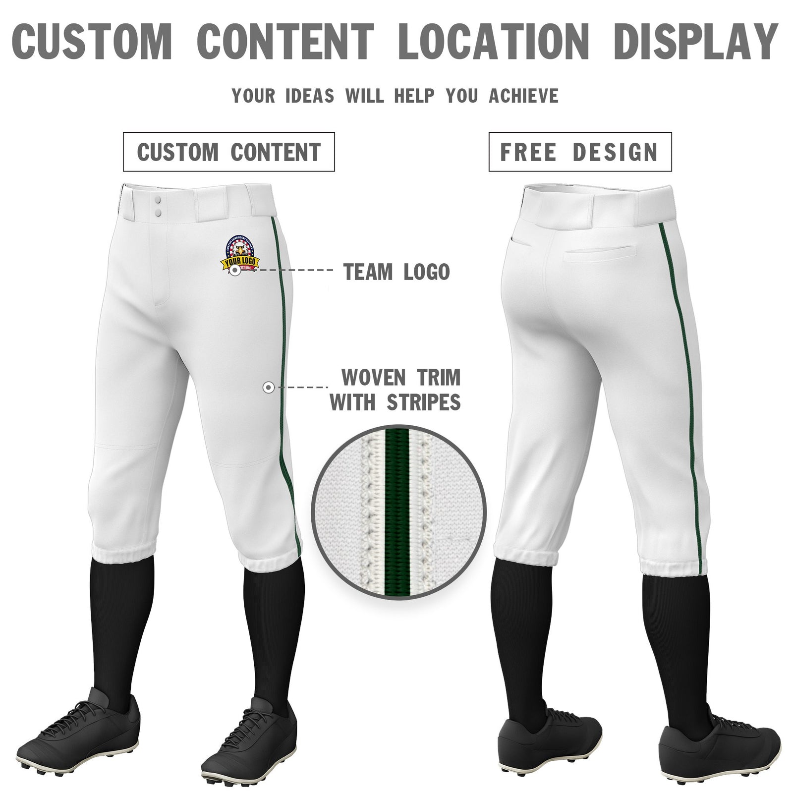 Custom White Green White-Green Classic Fit Stretch Practice Knickers Baseball Pants