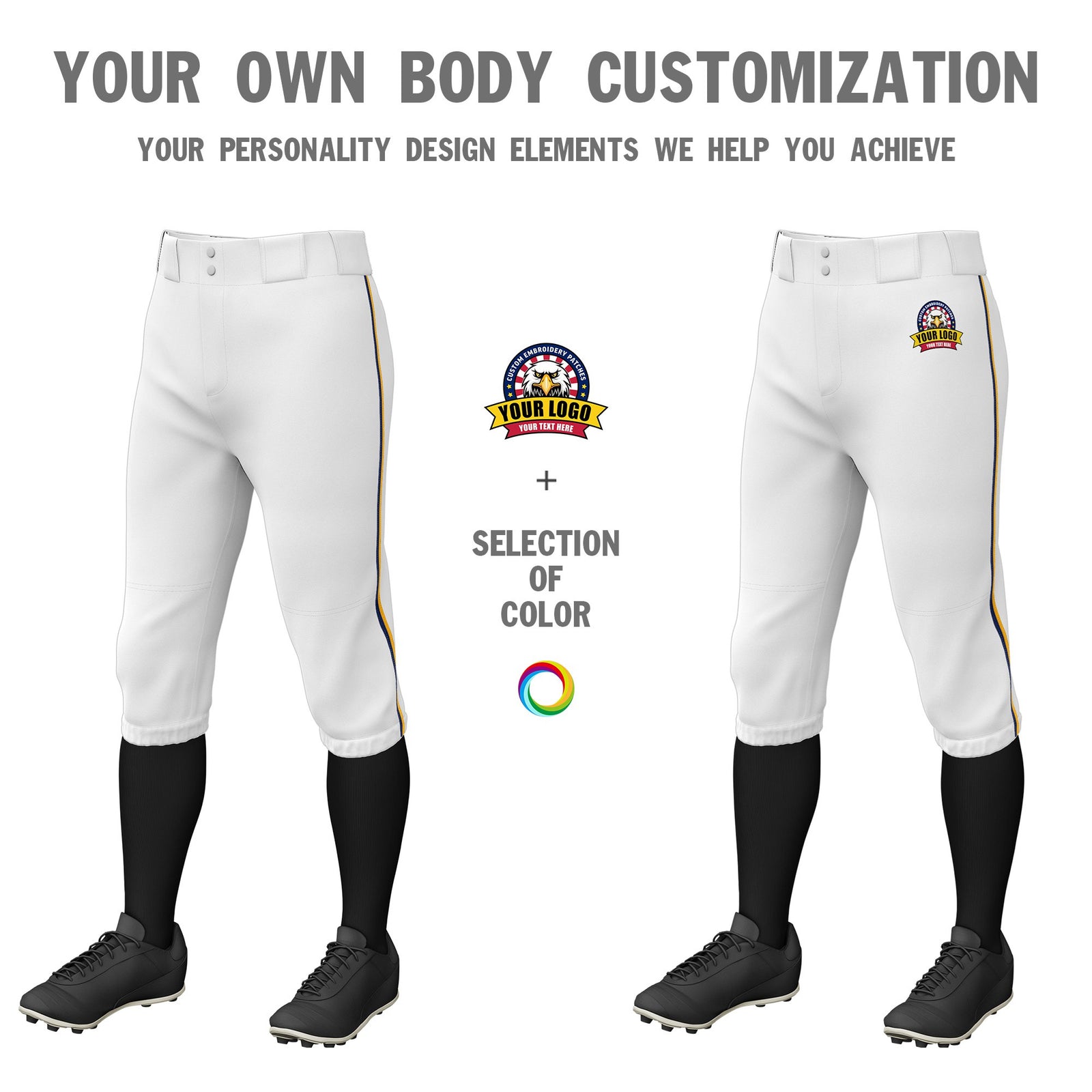 Custom White Navy-Yellow Classic Fit Stretch Practice Knickers Baseball Pants