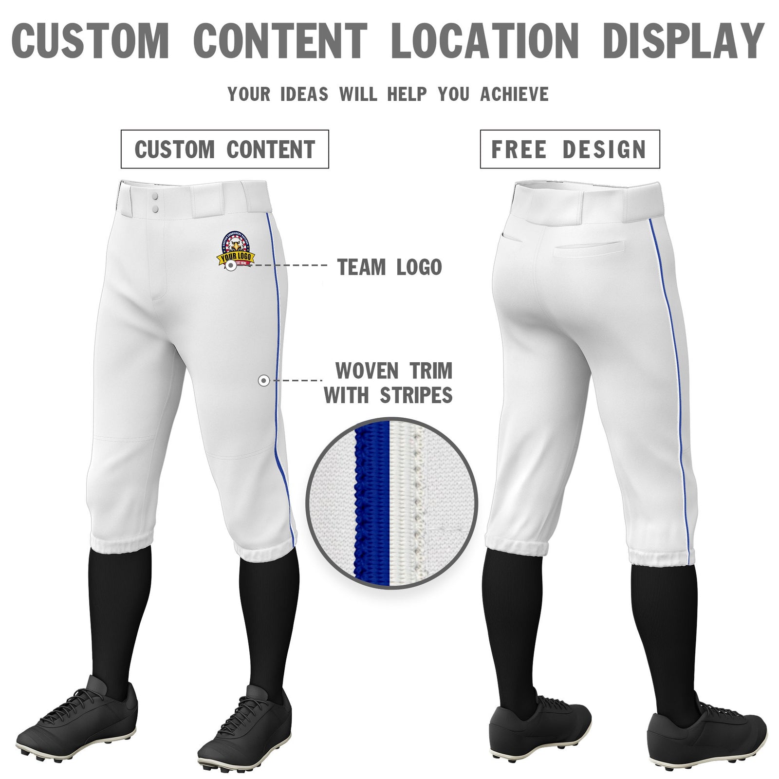 Custom White Royal Blue-White Classic Fit Stretch Practice Knickers Baseball Pants