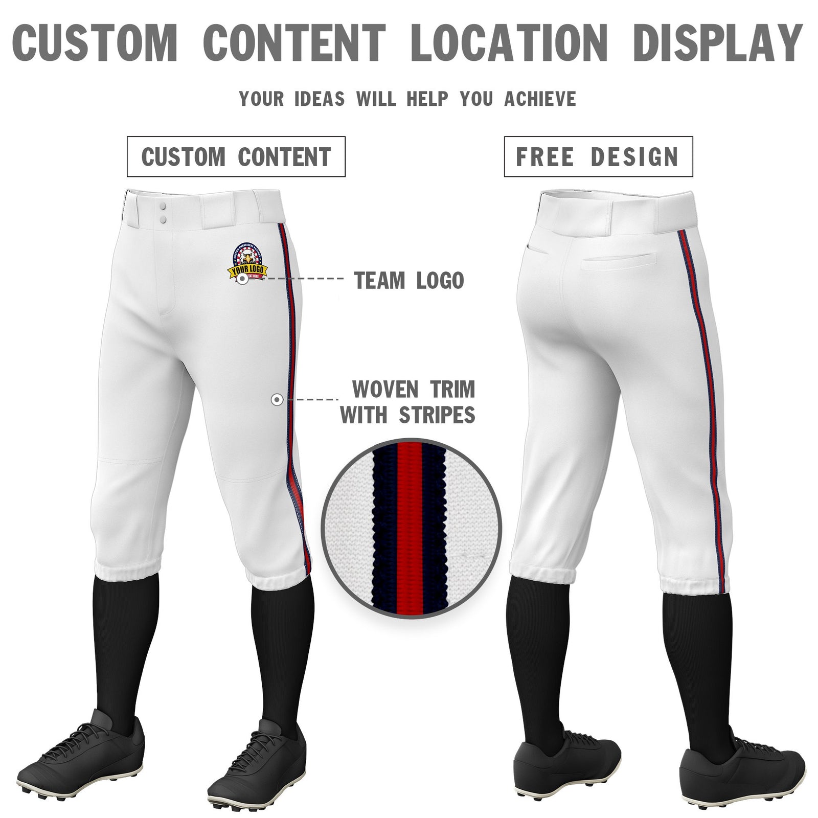 Custom White Navy-Red-Navy Classic Fit Stretch Practice Knickers Baseball Pants
