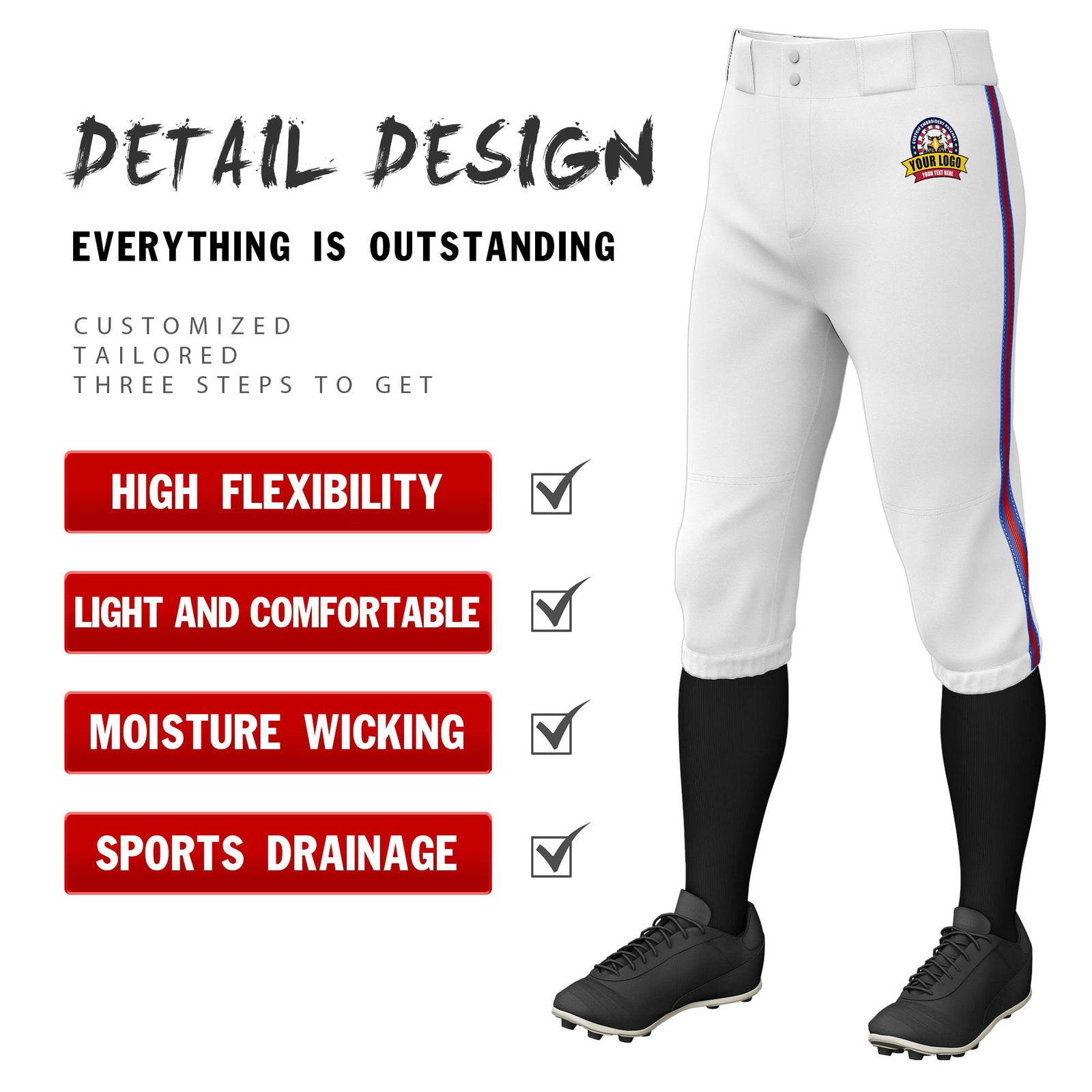 Custom White Royal Blue-Red-Royal Blue Classic Fit Stretch Practice Knickers Baseball Pants