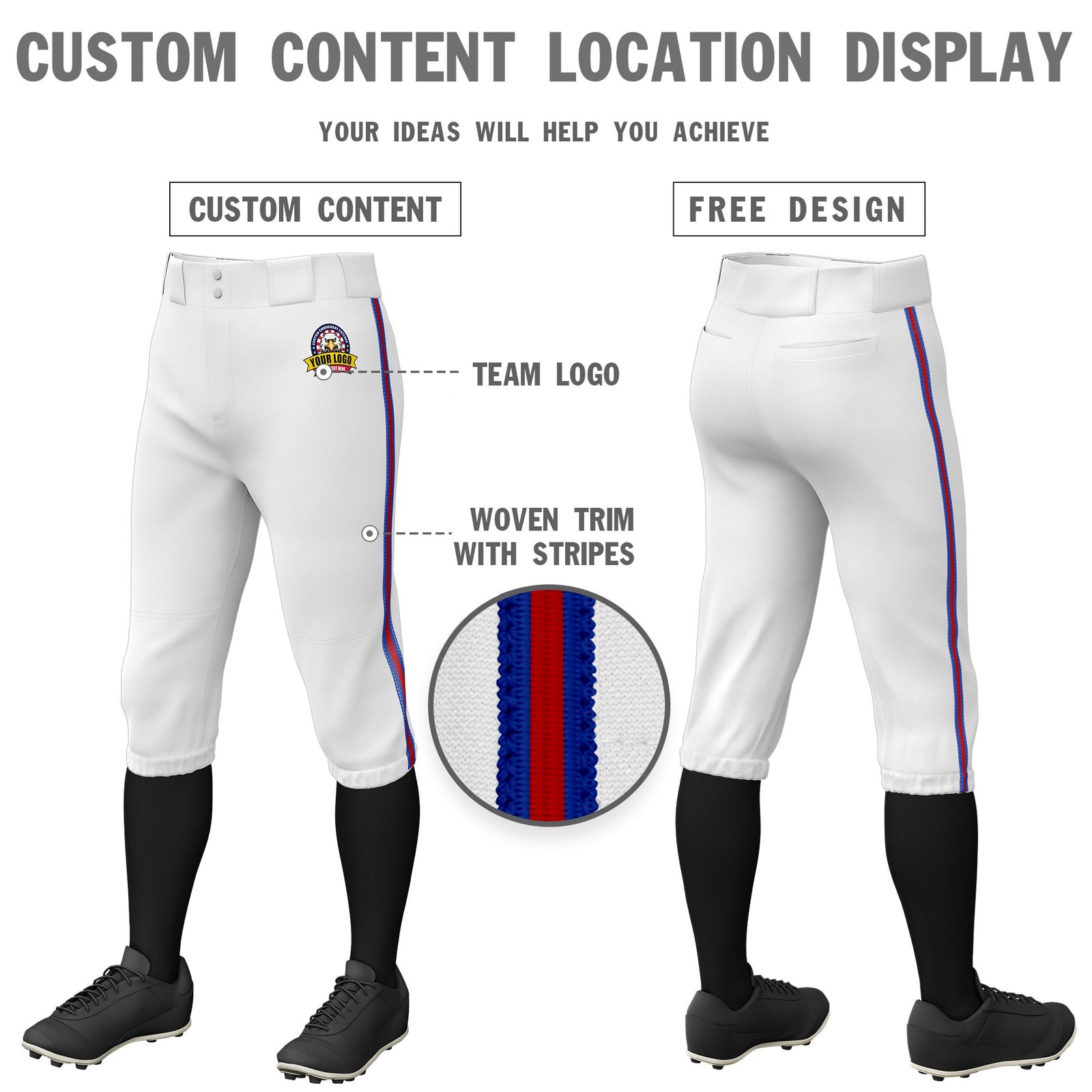 Custom White Royal Blue-Red-Royal Blue Classic Fit Stretch Practice Knickers Baseball Pants