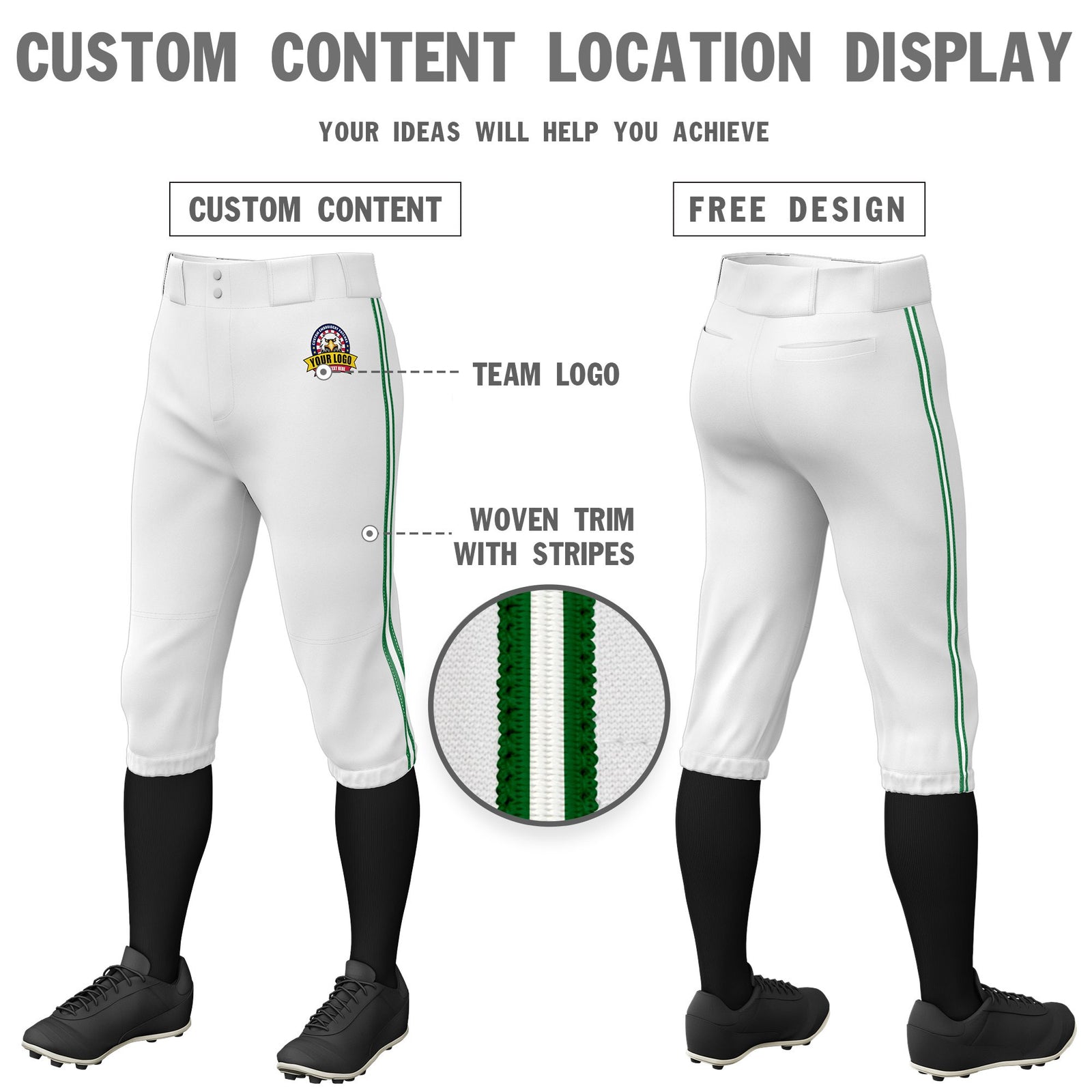 Custom White Kelly Green-White-Kelly Green Classic Fit Stretch Practice Knickers Baseball Pants