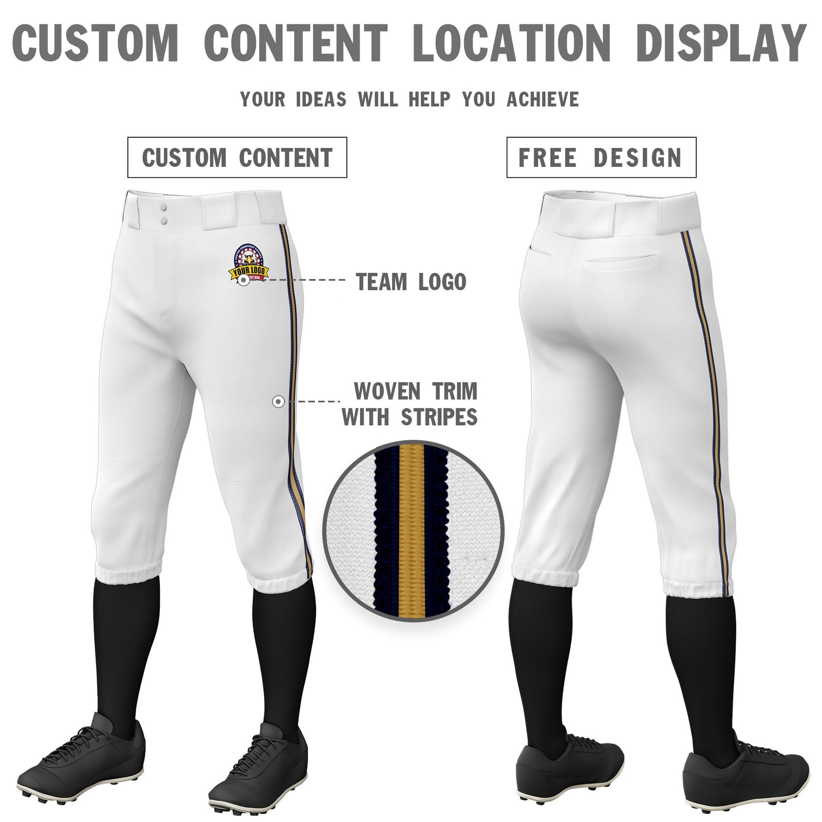 Custom White Navy-Old Gold-Navy Classic Fit Stretch Practice Knickers Baseball Pants