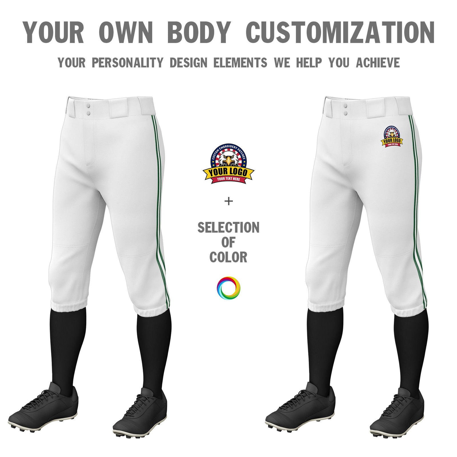Custom White Green-White-Green Classic Fit Stretch Practice Knickers Baseball Pants