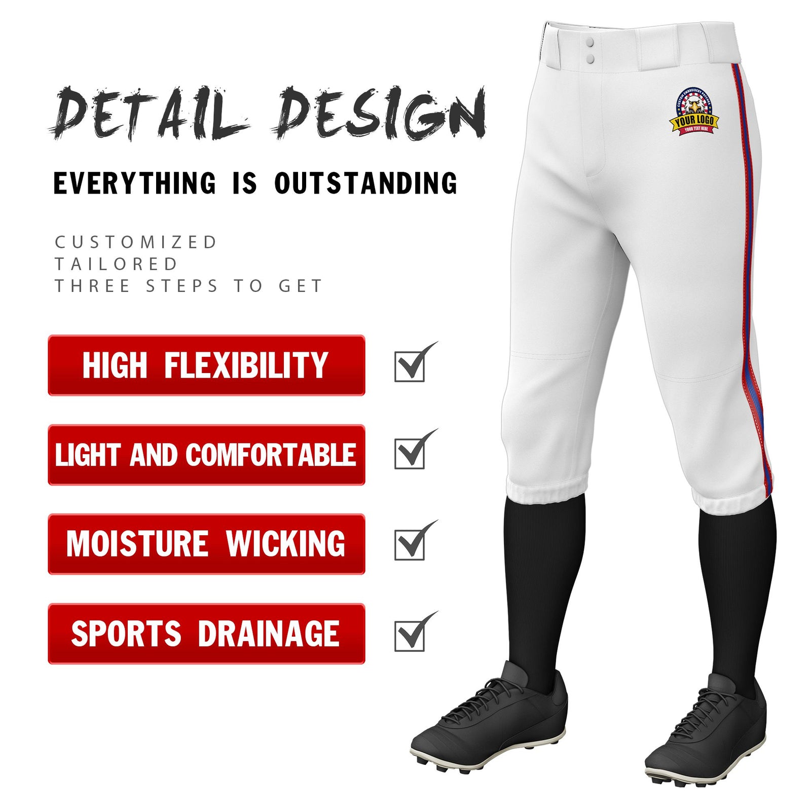 Custom White Red-Royal Blue-Red Classic Fit Stretch Practice Knickers Baseball Pants