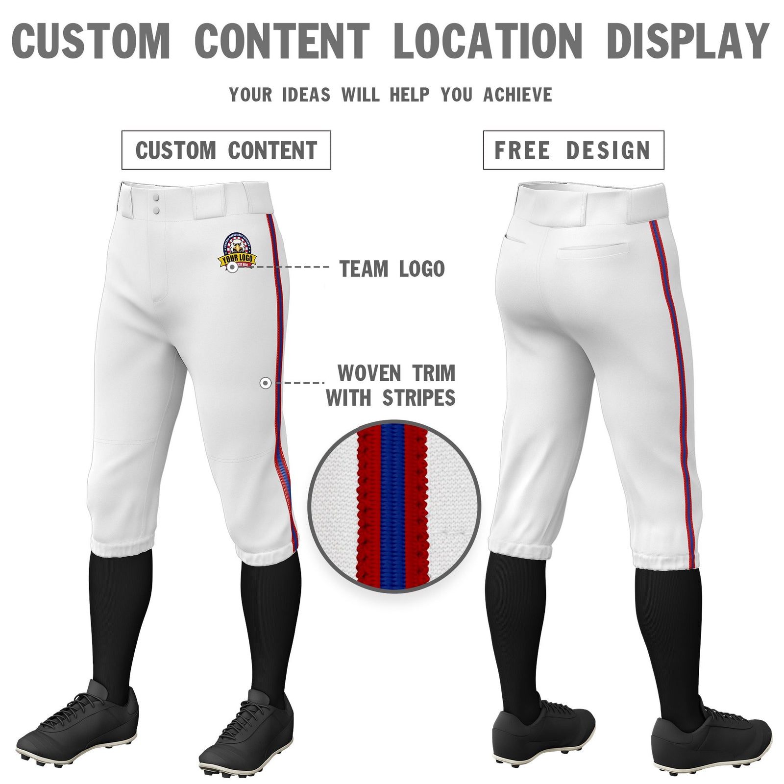 Custom White Red-Royal Blue-Red Classic Fit Stretch Practice Knickers Baseball Pants