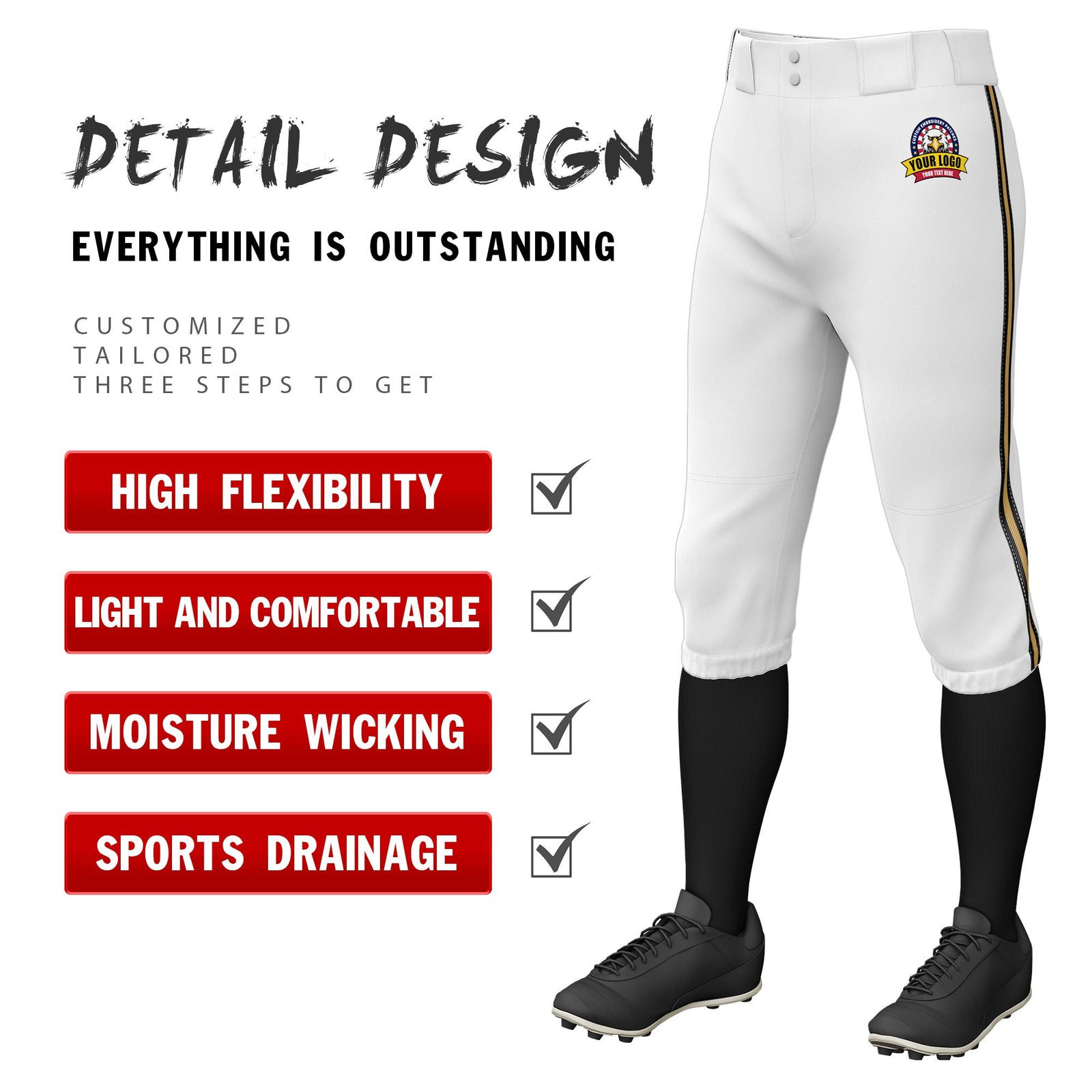 Custom White Black-Old Gold-Black Classic Fit Stretch Practice Knickers Baseball Pants