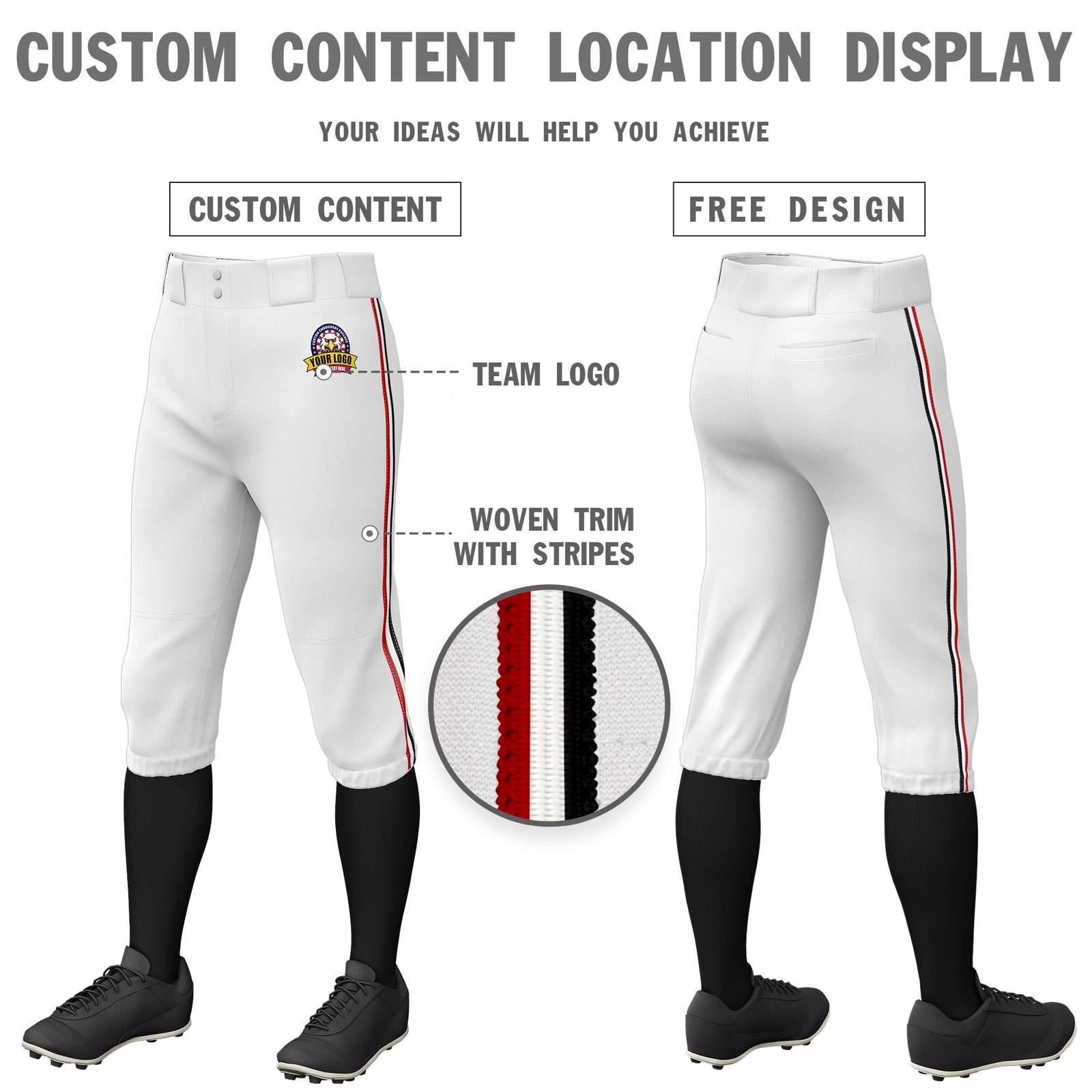 Custom White Red-White-Black Classic Fit Stretch Practice Knickers Baseball Pants
