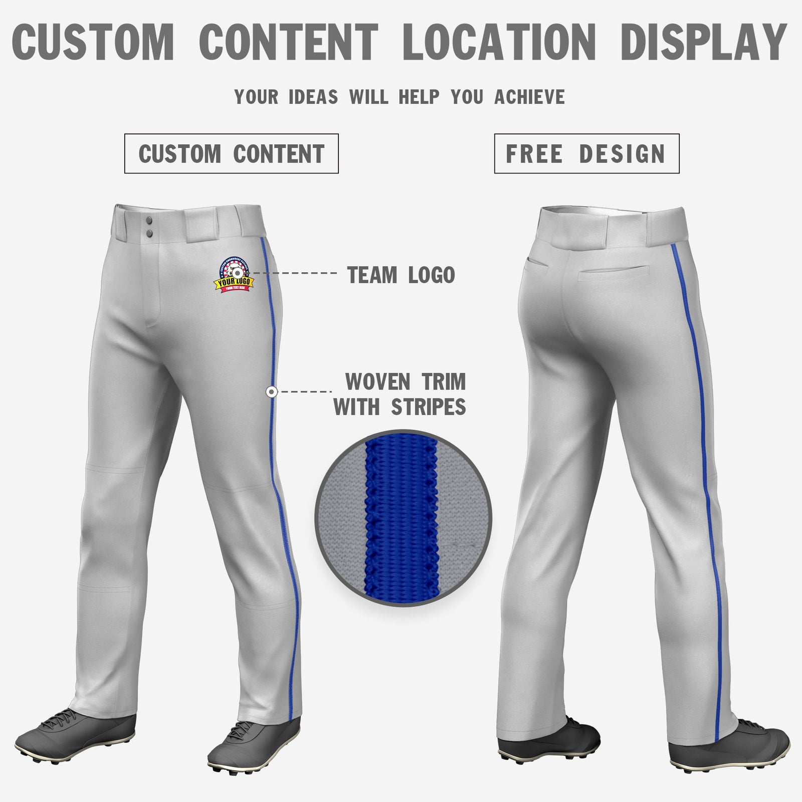 Custom Gray Royal Blue Classic Fit Stretch Practice Loose-fit Baseball Pants