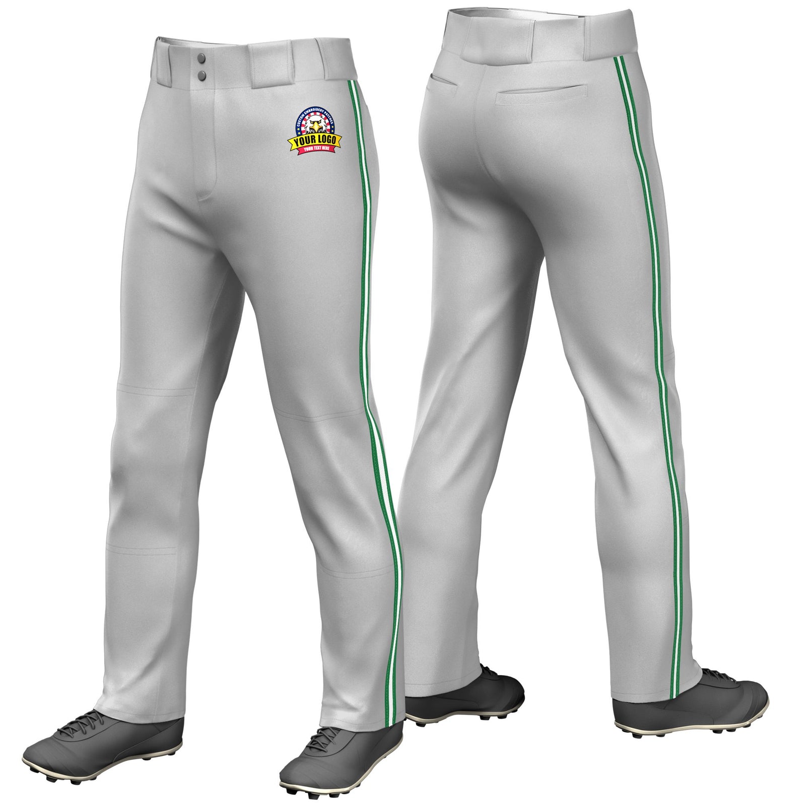 Custom Gray Kelly Green-White-Kelly Green Classic Fit Stretch Practice Loose-fit Baseball Pants