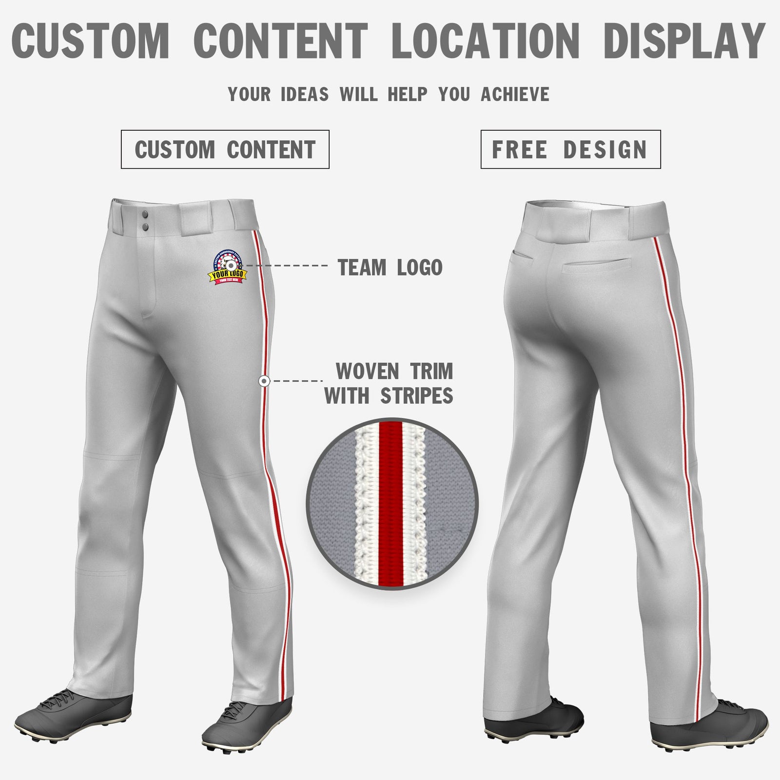 Custom Gray White-Red-White Classic Fit Stretch Practice Loose-fit Baseball Pants