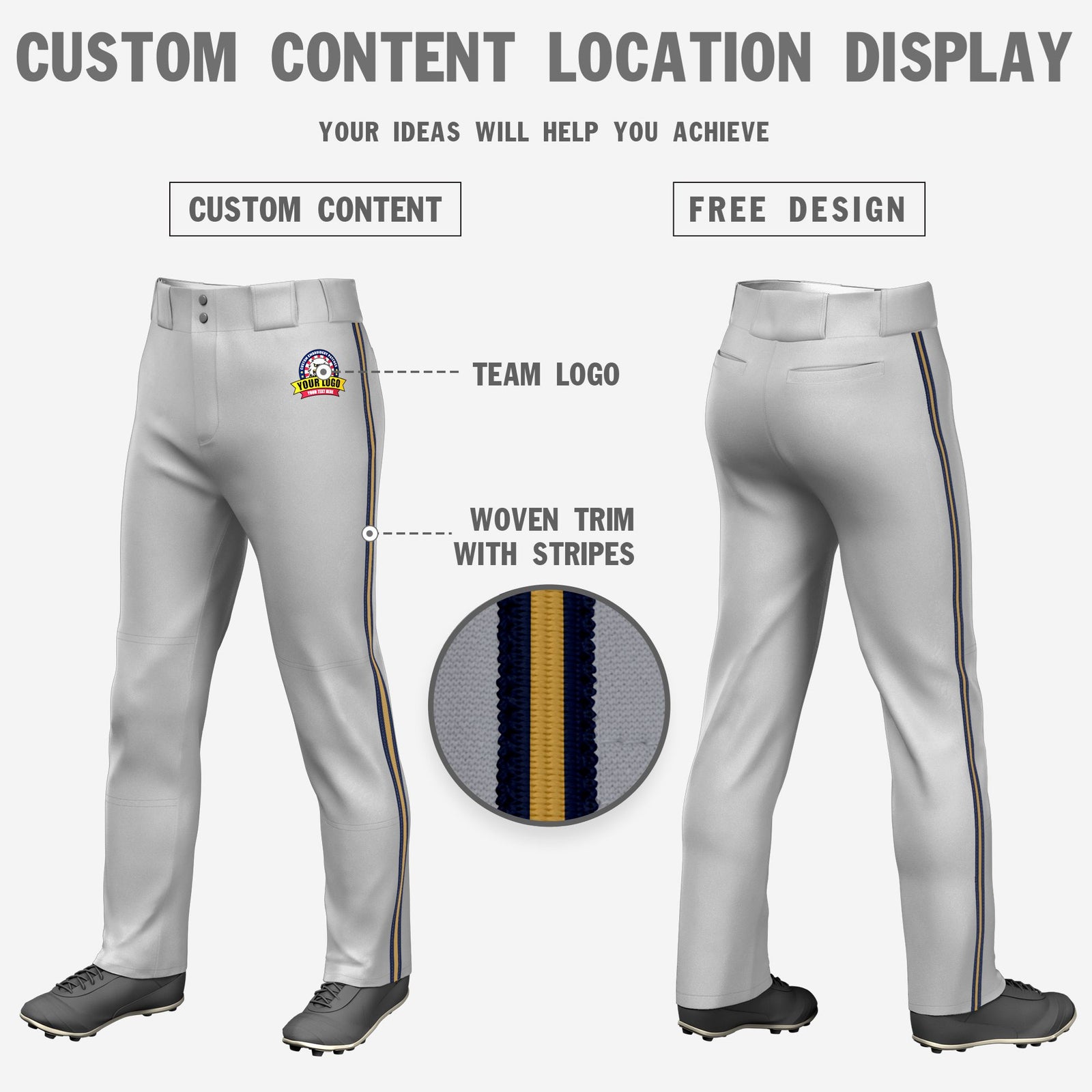Custom Gray Navy-Old Gold-Navy Classic Fit Stretch Practice Loose-fit Baseball Pants