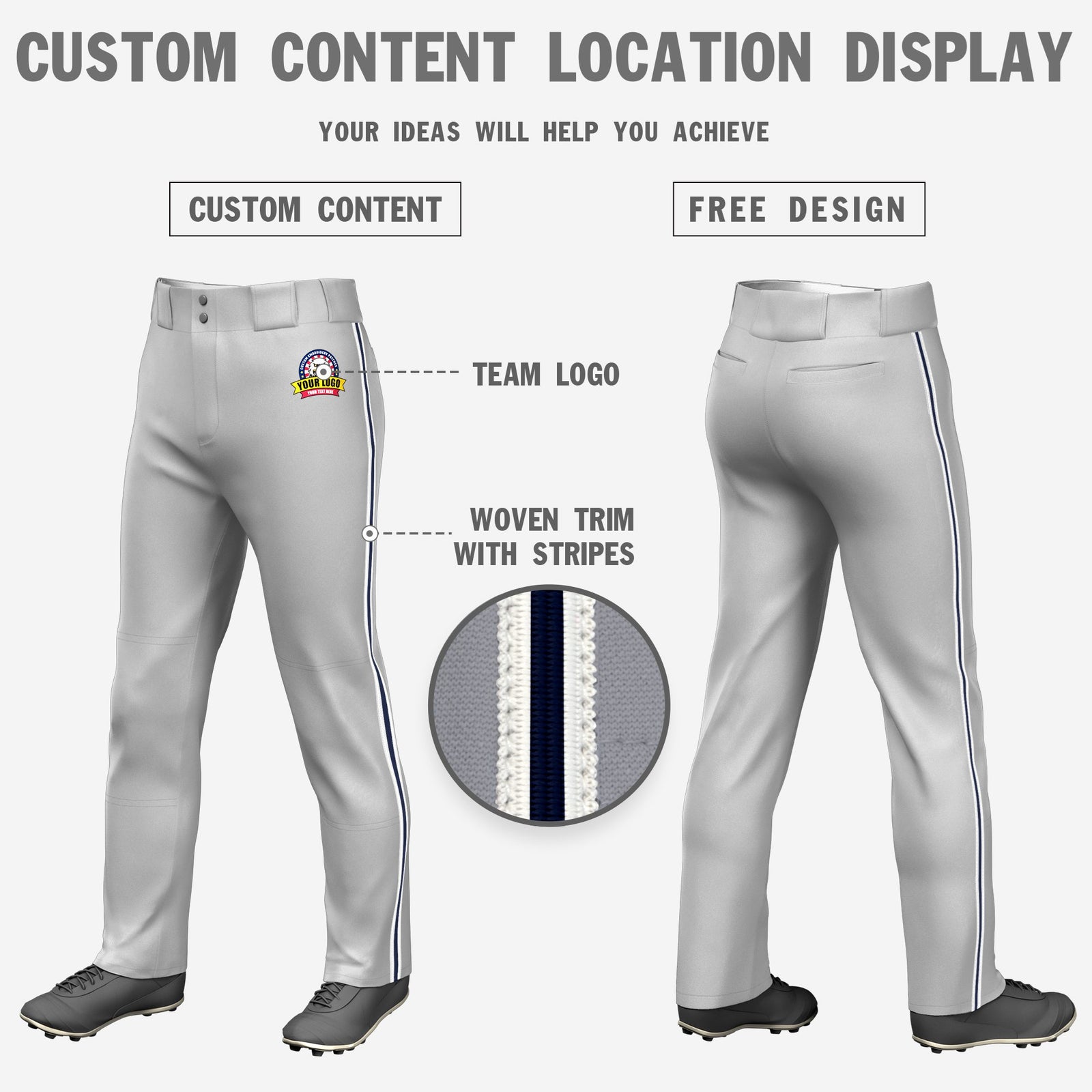 Custom Gray White-Navy-White Classic Fit Stretch Practice Loose-fit Baseball Pants