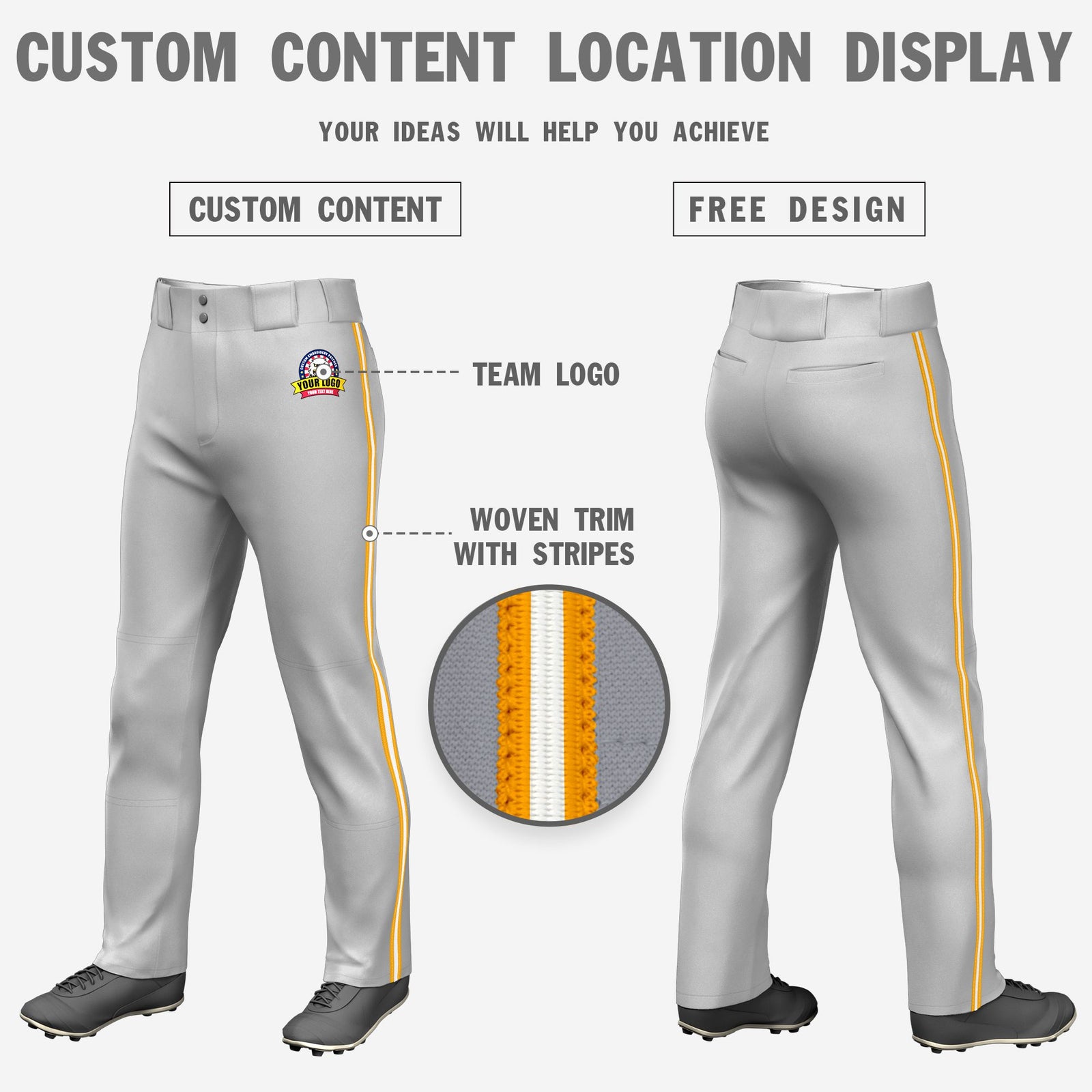 Custom Gray Yellow-White-Yellow Classic Fit Stretch Practice Loose-fit Baseball Pants