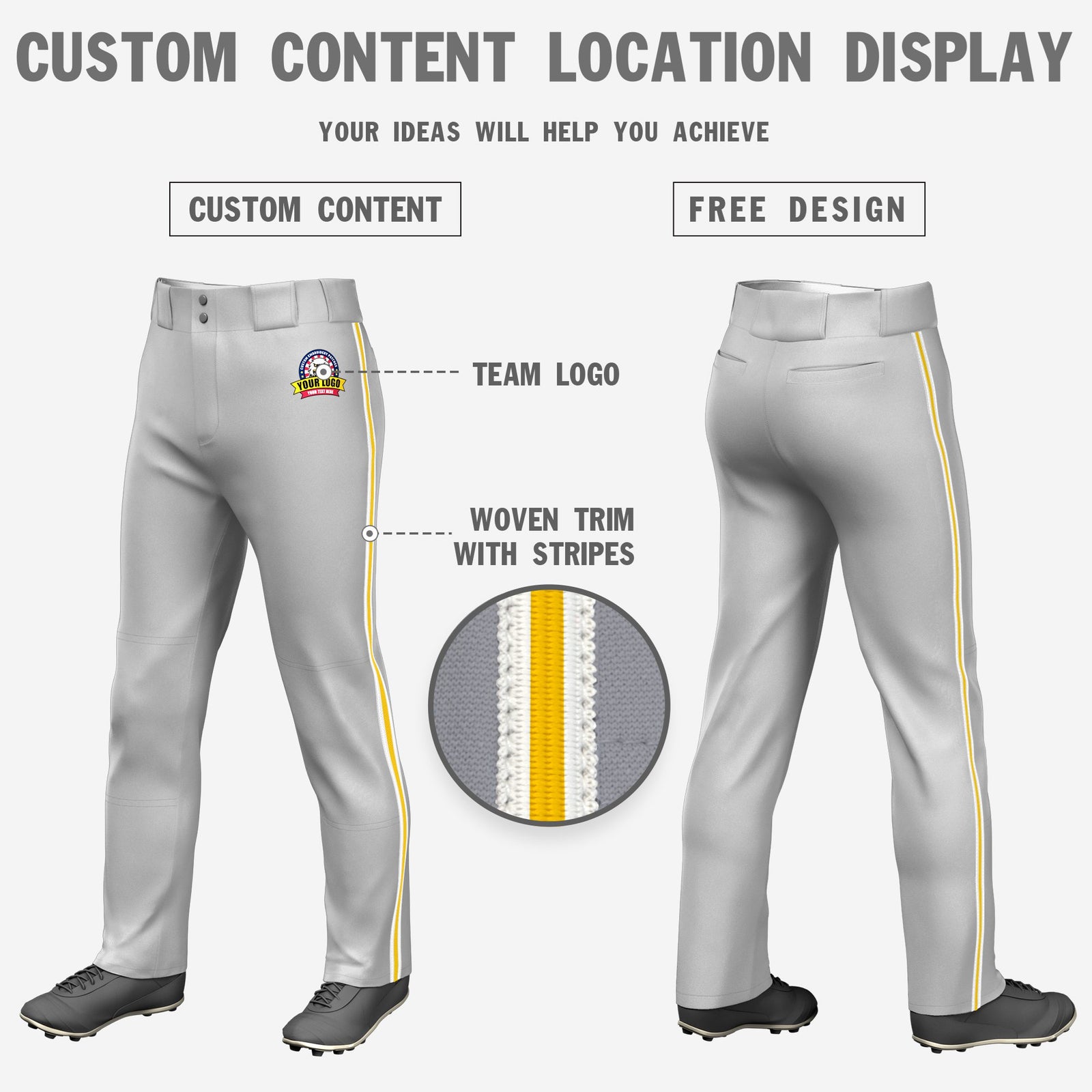 Custom Gray White-Gold01-White Classic Fit Stretch Practice Loose-fit Baseball Pants