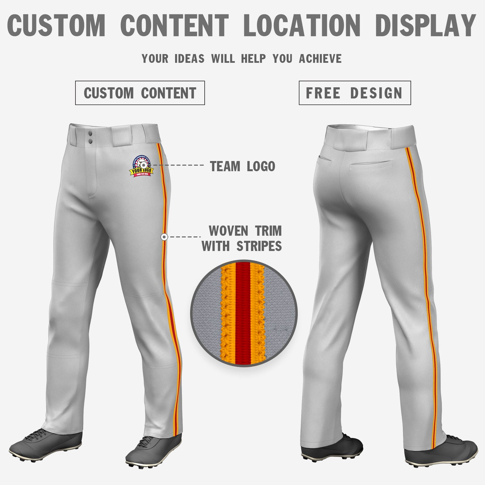 Custom Gray Yellow-Red-Yellow Classic Fit Stretch Practice Loose-fit Baseball Pants