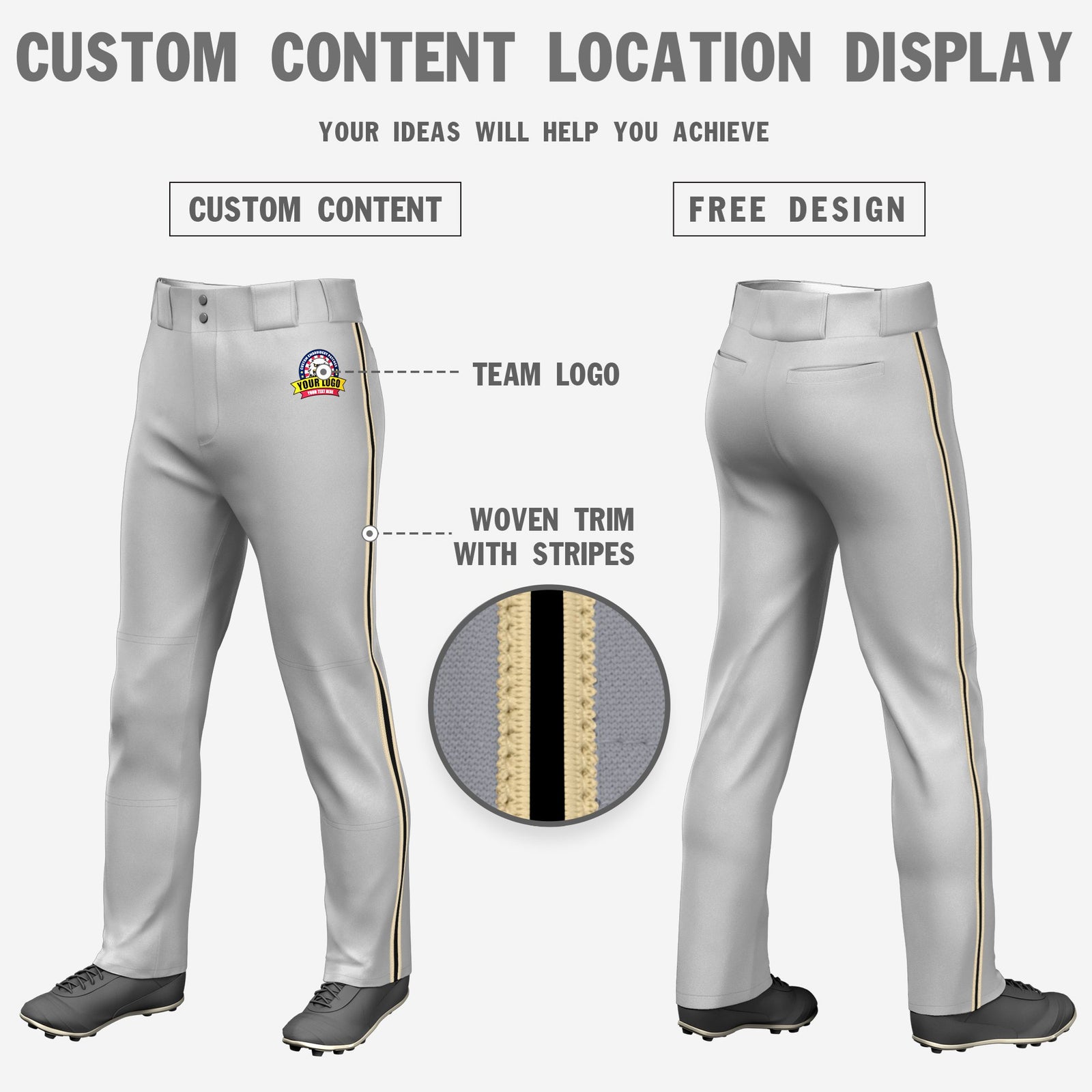 Custom Gray Khaki-Black-Khaki Classic Fit Stretch Practice Loose-fit Baseball Pants