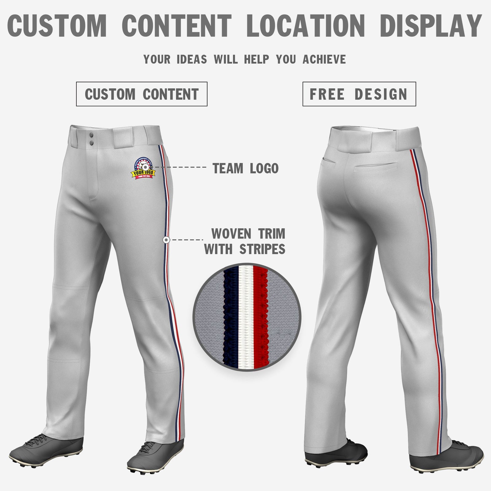 Custom Gray Navy-White-Red Classic Fit Stretch Practice Loose-fit Baseball Pants