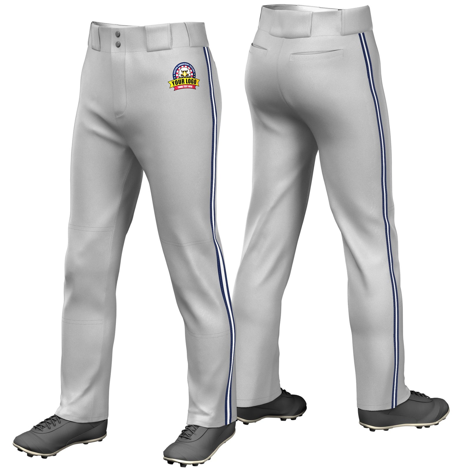 Custom Gray Navy-White-Navy Classic Fit Stretch Practice Loose-fit Baseball Pants