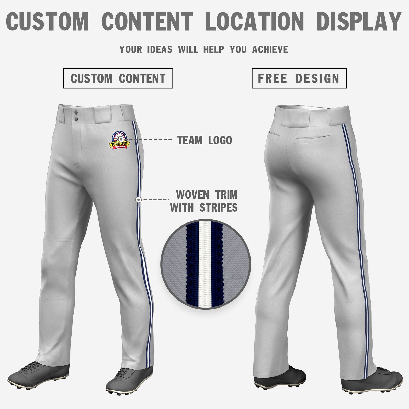 Custom Gray Navy-White-Navy Classic Fit Stretch Practice Loose-fit Baseball Pants
