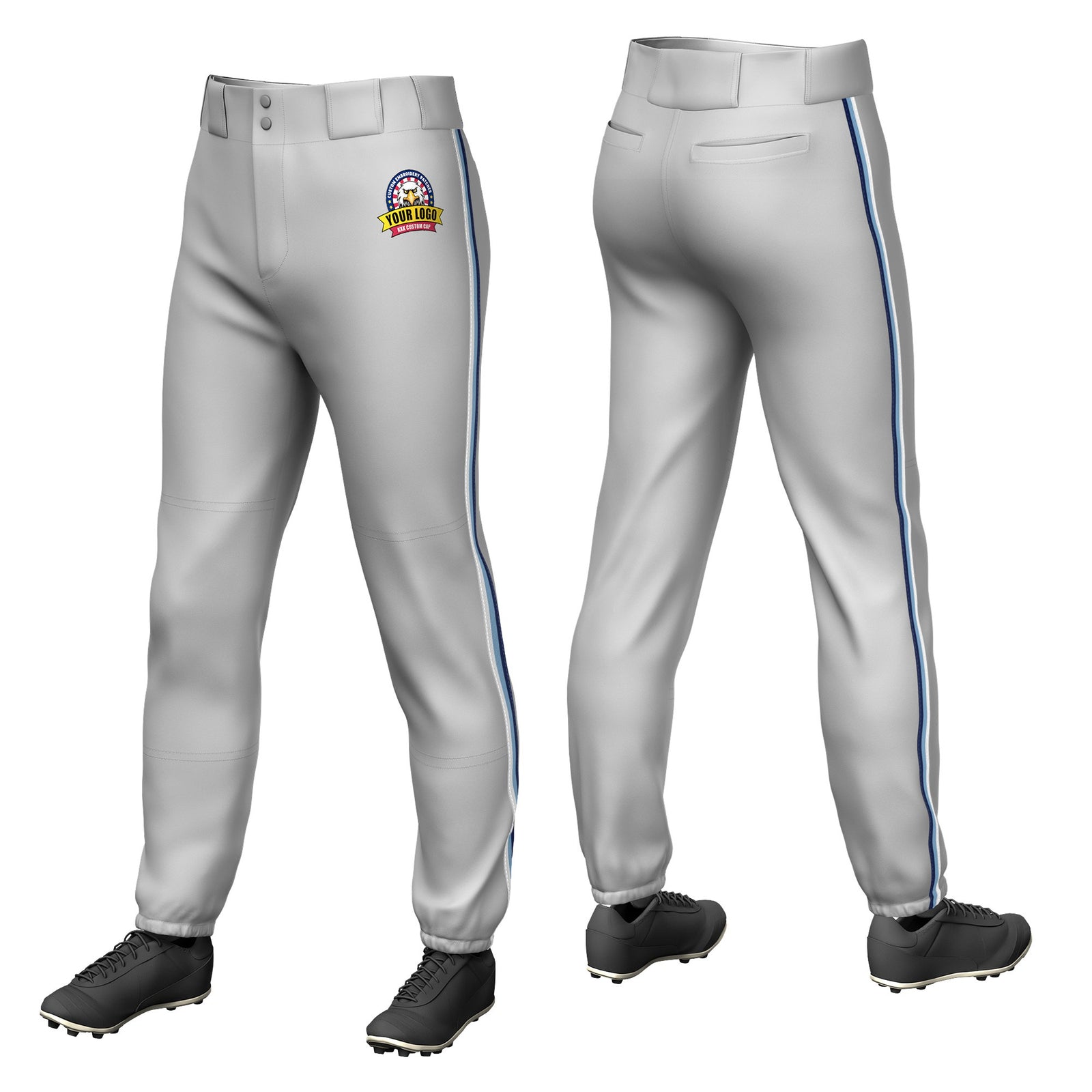 Custom Gray White-Light Blue-Navy Classic Fit Stretch Practice Pull-up Baseball Pants