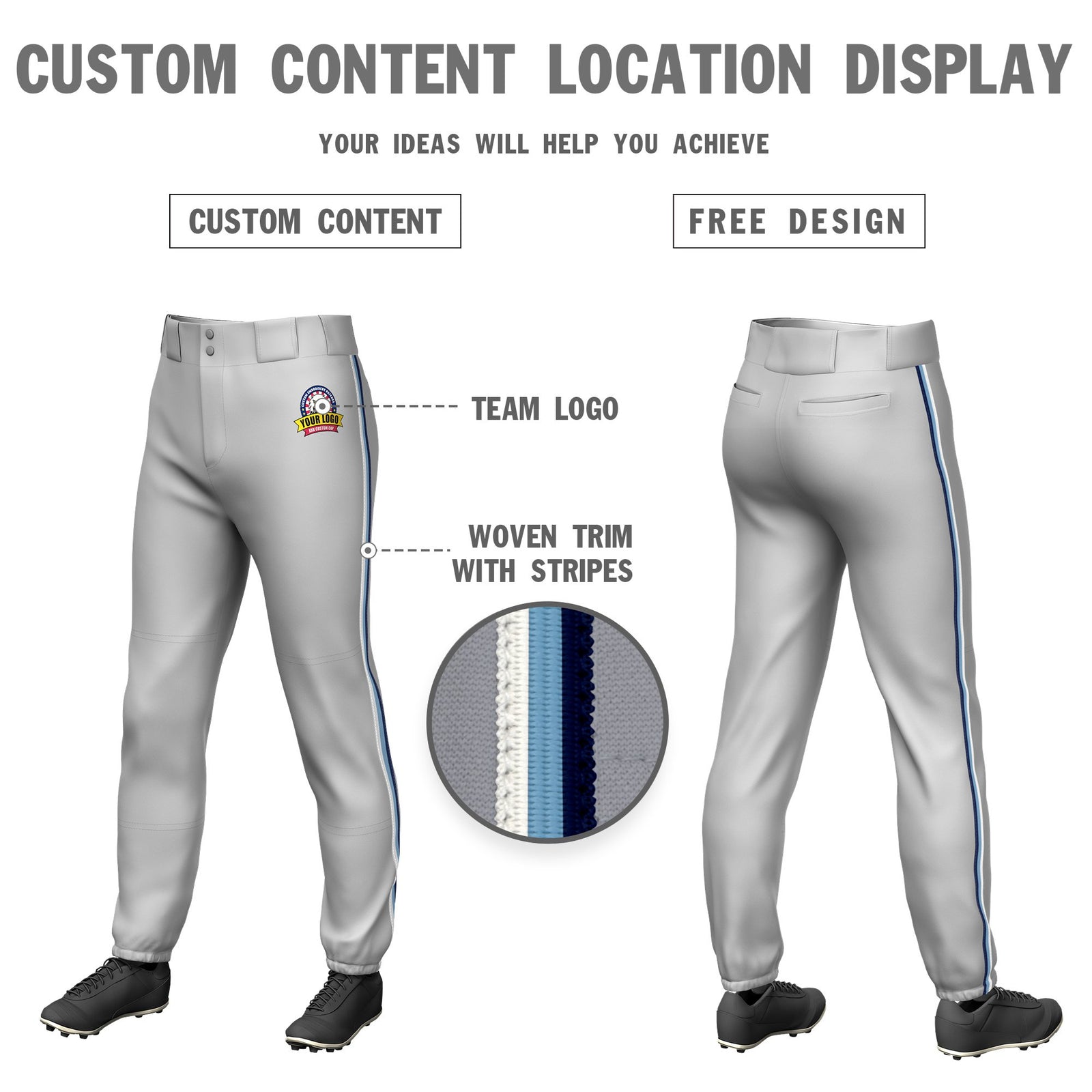 Custom Gray White-Light Blue-Navy Classic Fit Stretch Practice Pull-up Baseball Pants