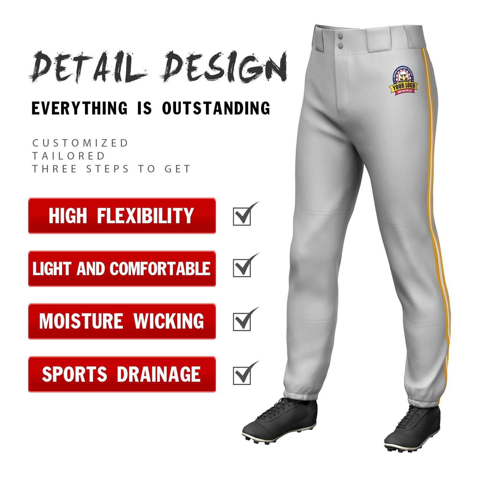 Custom Gray Yellow-White-Yellow Classic Fit Stretch Practice Pull-up Baseball Pants