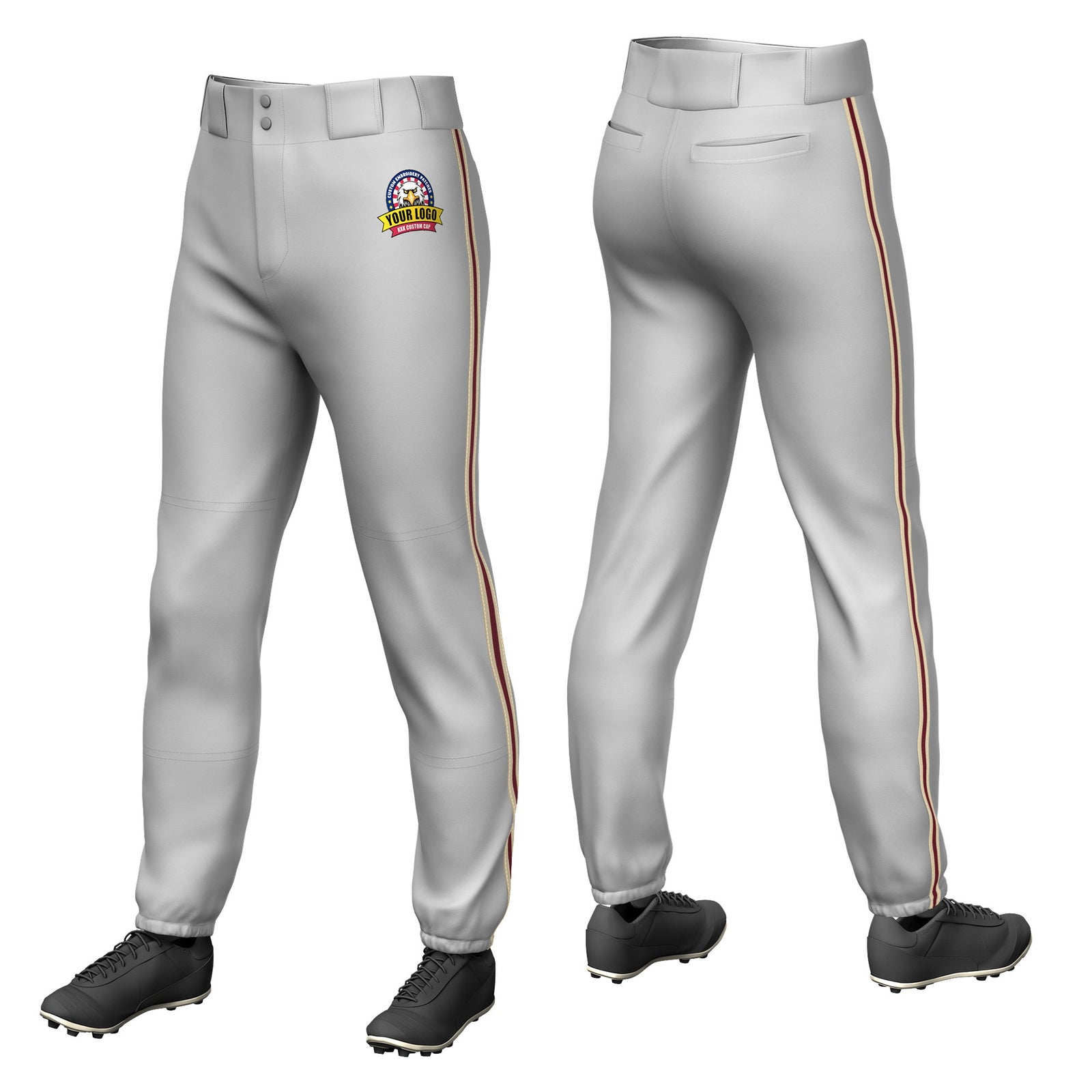 Custom Gray Khaki-Crimson-Khaki Classic Fit Stretch Practice Pull-up Baseball Pants
