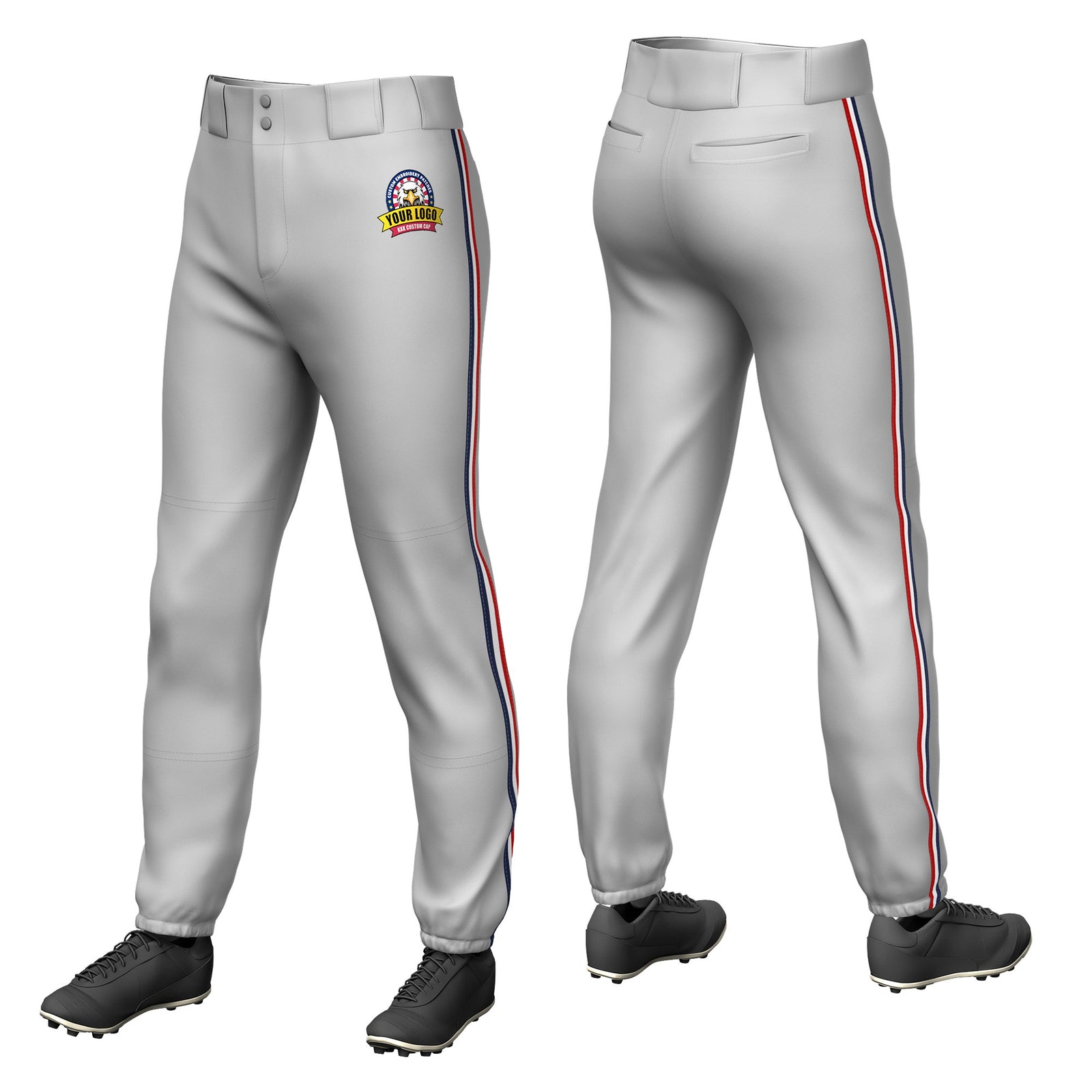 Custom Gray Navy-White-Red Classic Fit Stretch Practice Pull-up Baseball Pants