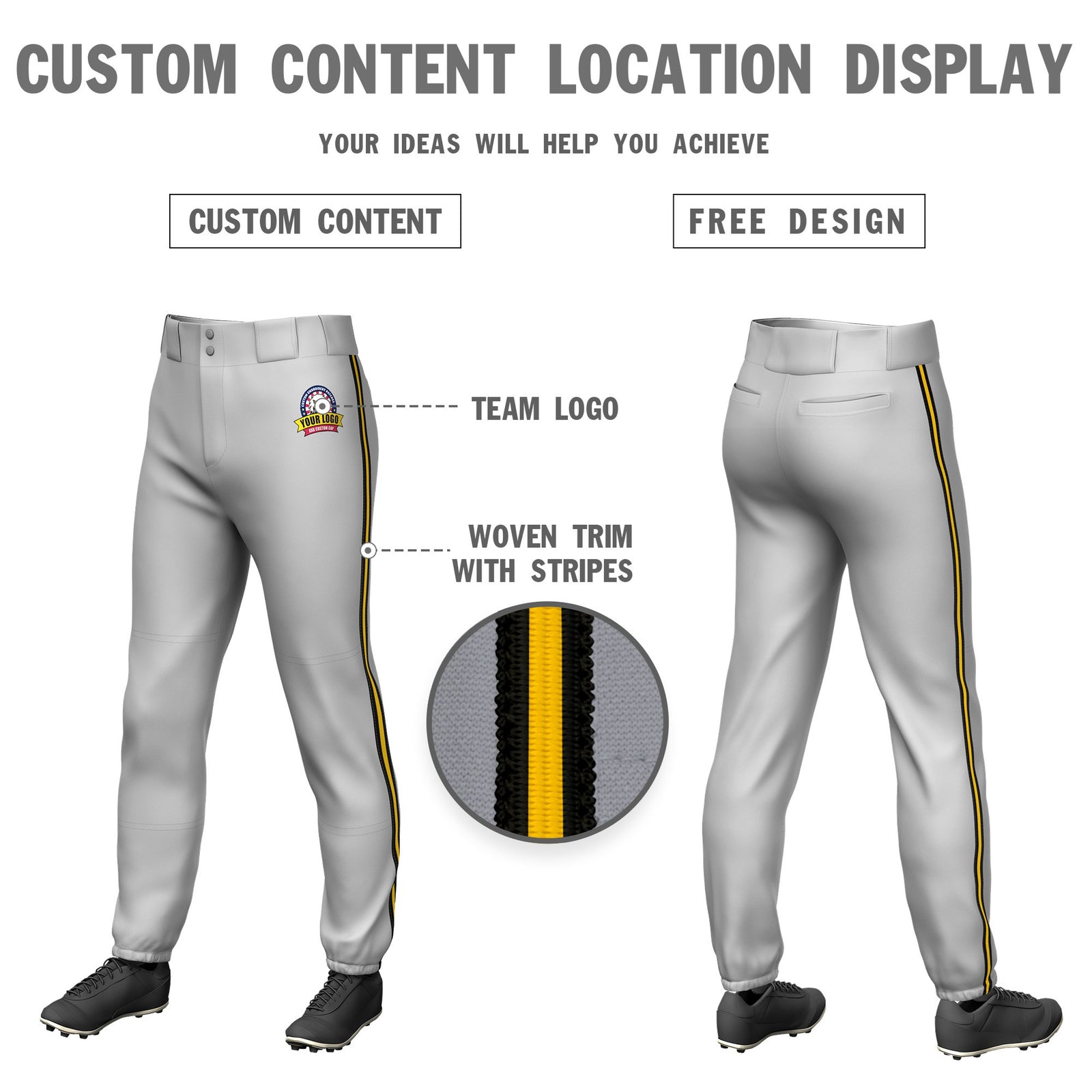 Custom Gray Black-Gold01-Black Classic Fit Stretch Practice Pull-up Baseball Pants